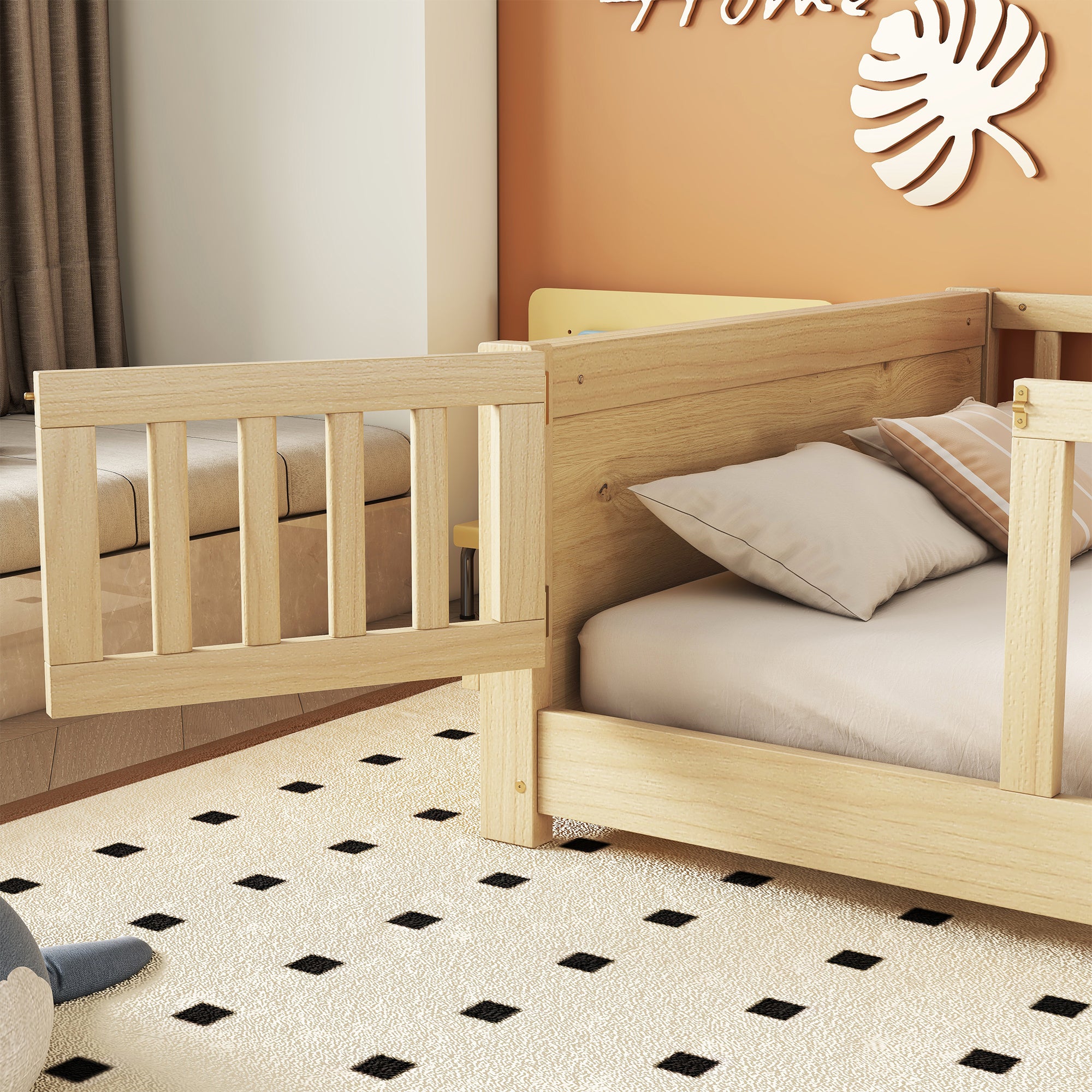 Natural Finish Twin Size Toddler Floor Platform Bed with Built-in Book Storage Rack and Door