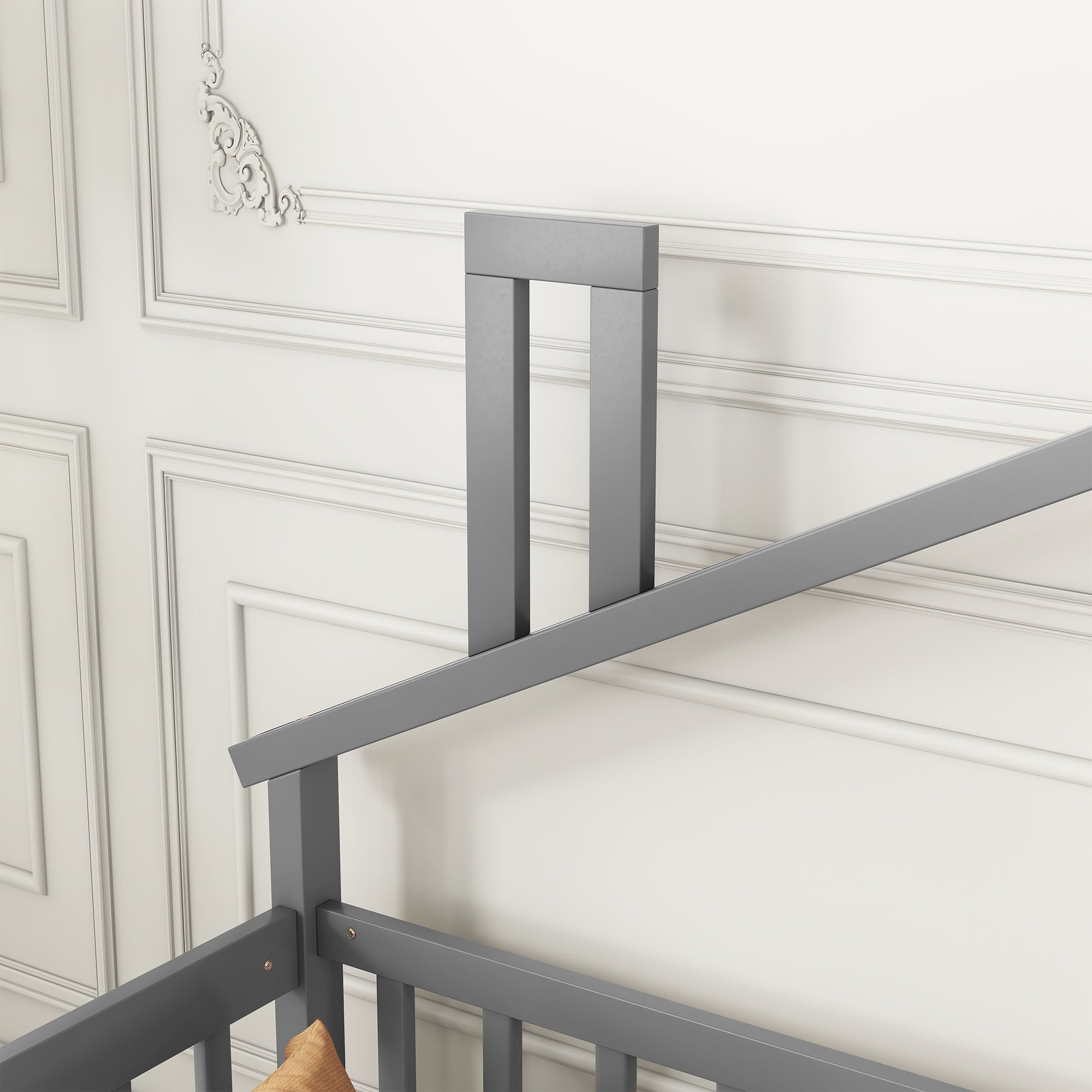 Twin House-Shaped Bedside Toddler Floor Bed with Guardrails and Door in Gray