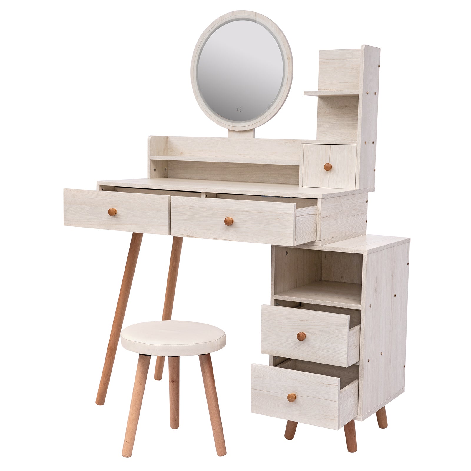 Stylish Vanity Table With Cushioned Stool And LED Mirror, Large Capacity Storage Cabinet With 5 Drawers In American White Oak