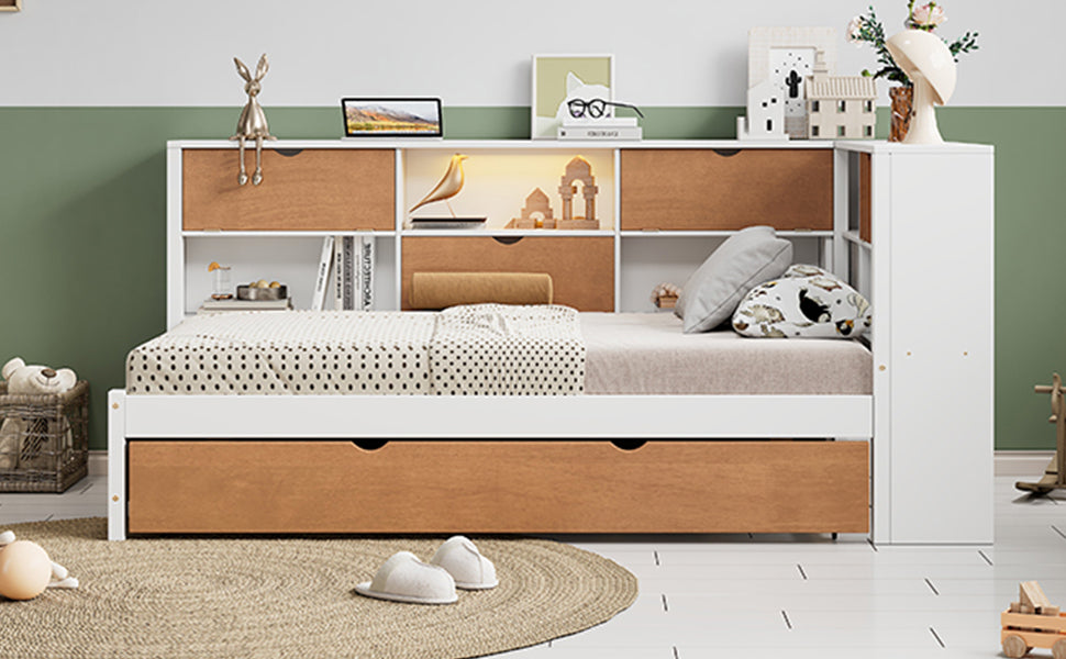 Full Daybed with Storage, Trundle & L-Shaped Bookcases in White & Walnut