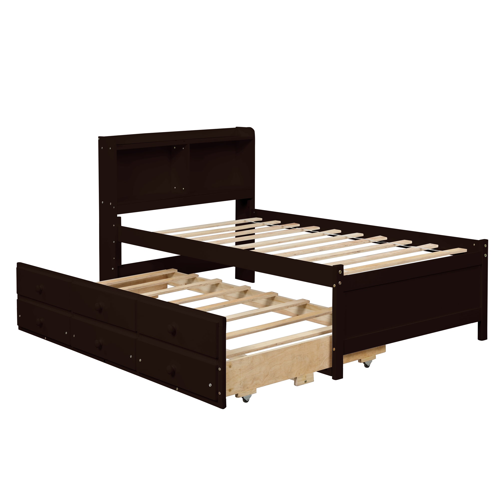 Twin Size Bed with Storage Integrated Headboard, Trundle & Drawers in Espresso