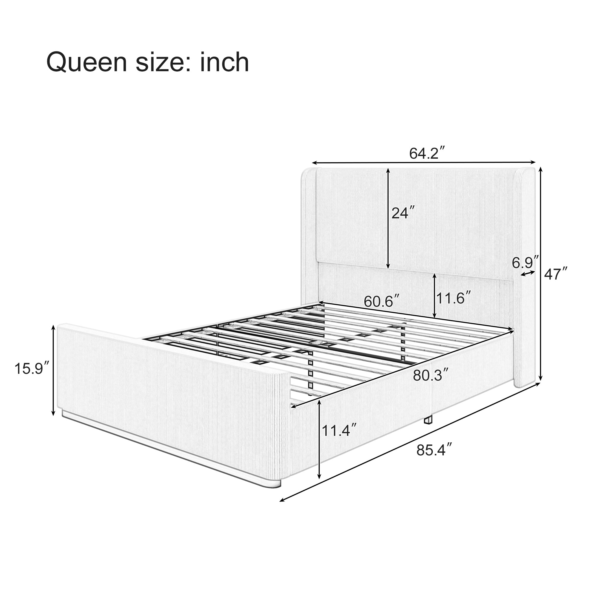 Pink Queen Upholstered Corduroy Bed Frame with High Wingback Headboard