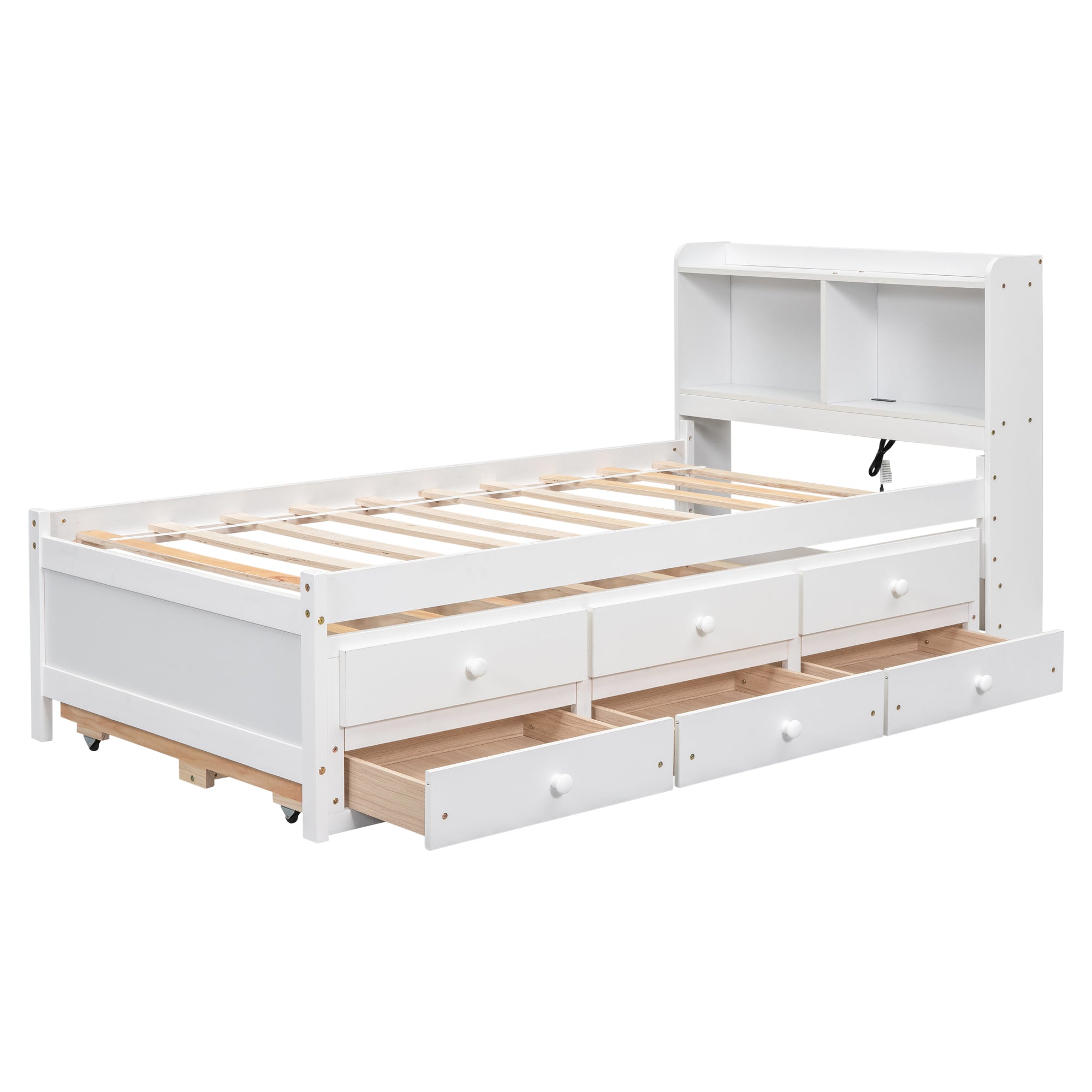 Twin Bed with USB & Type-C Ports, LED Lights, Bookcase Headboard, Trundle & 3 Drawers In White