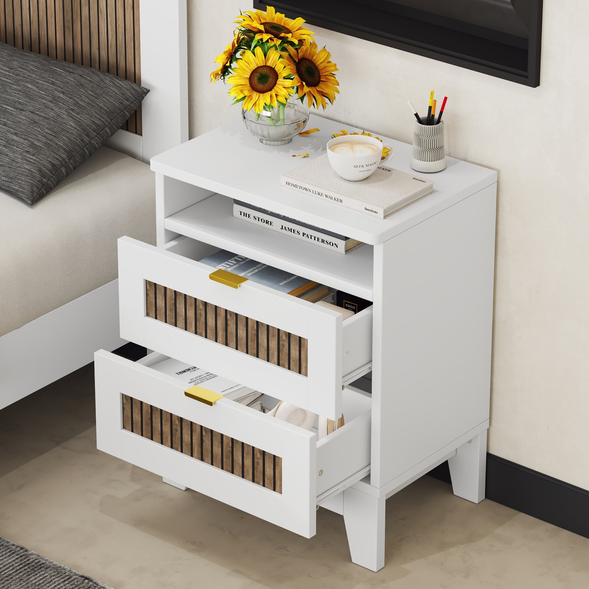 2-Drawer Farmhouse Wooden Nightstand with Metal Handle In White