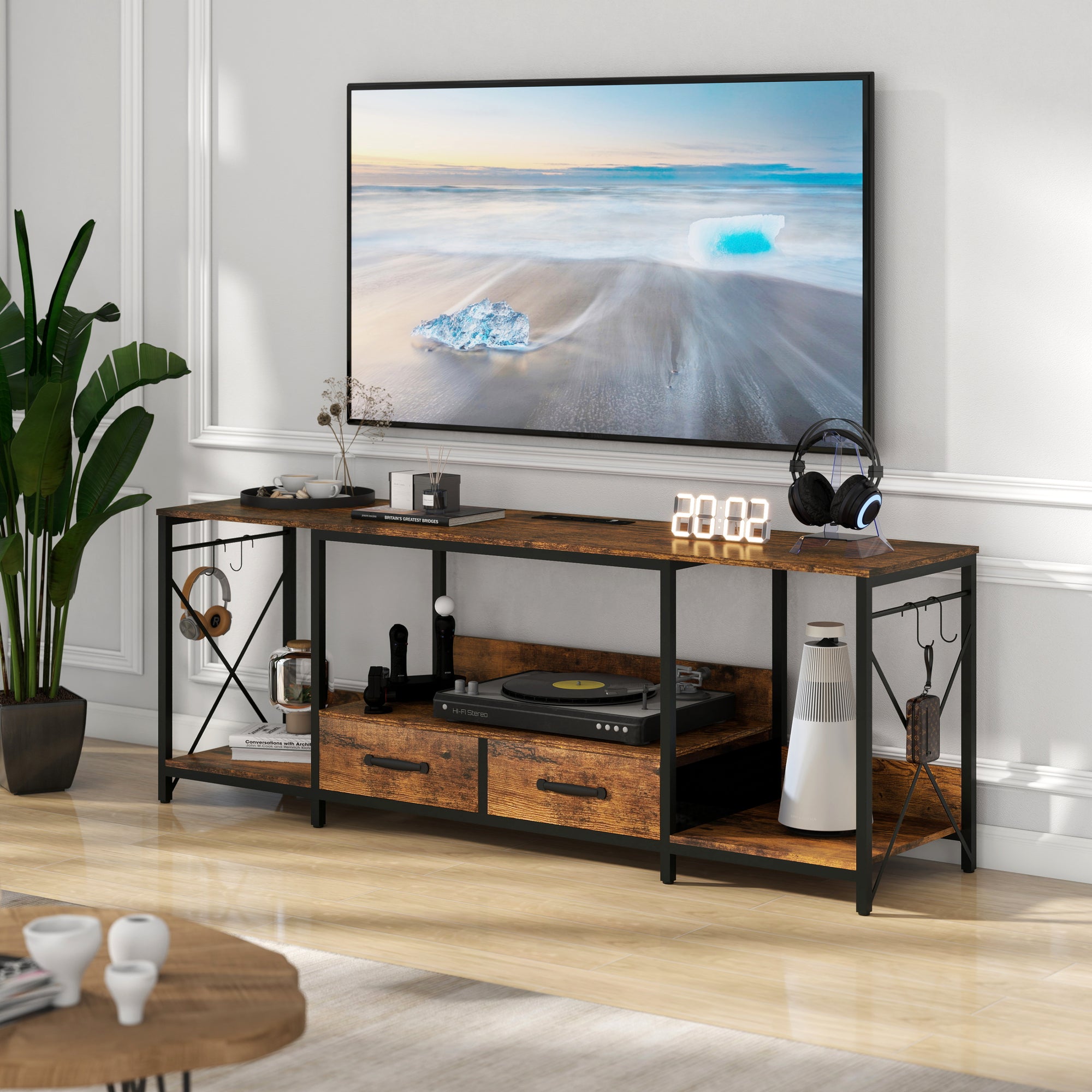 TV Stand with LED Lights Power Outlets and Fabric Drawers for 65 to 75 Inch TV - Industrial Entertainment Center with Open Storage Shelves In Light Brown