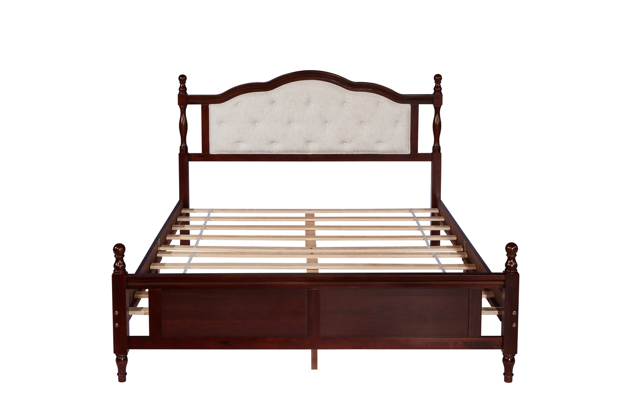 Classic Queen Size Pine Wood Bed with Upholstered Headboard