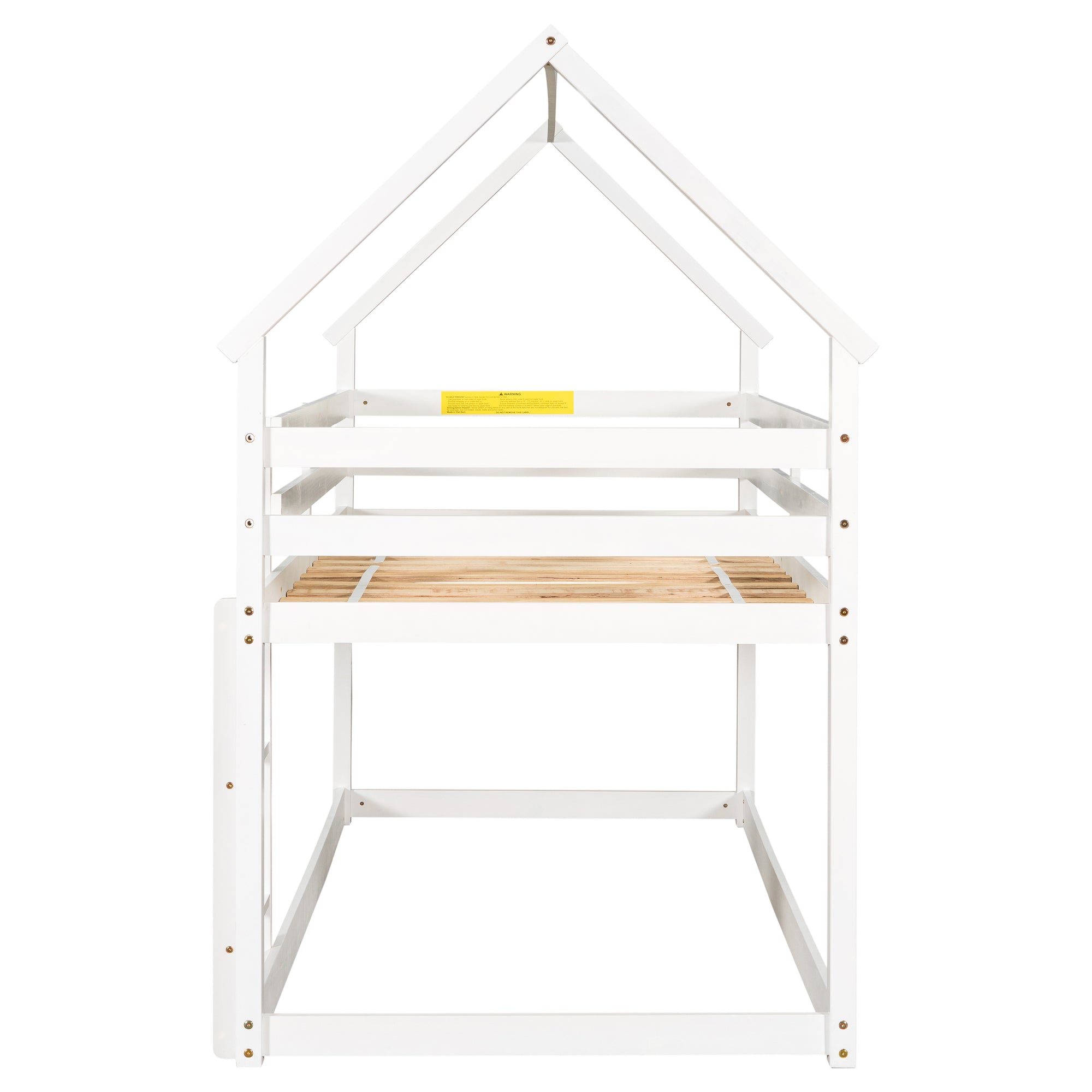 White Twin over Twin Loft Bed with Roof Design, Safety Guardrail, and Ladder