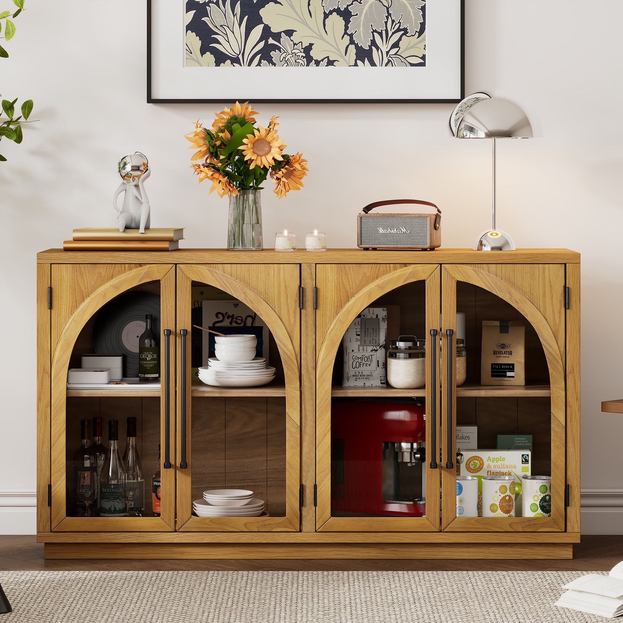 Large 4-Door Storage Buffet Cabinet with Glass Doors and Adjustable Shelves In Natural Wood