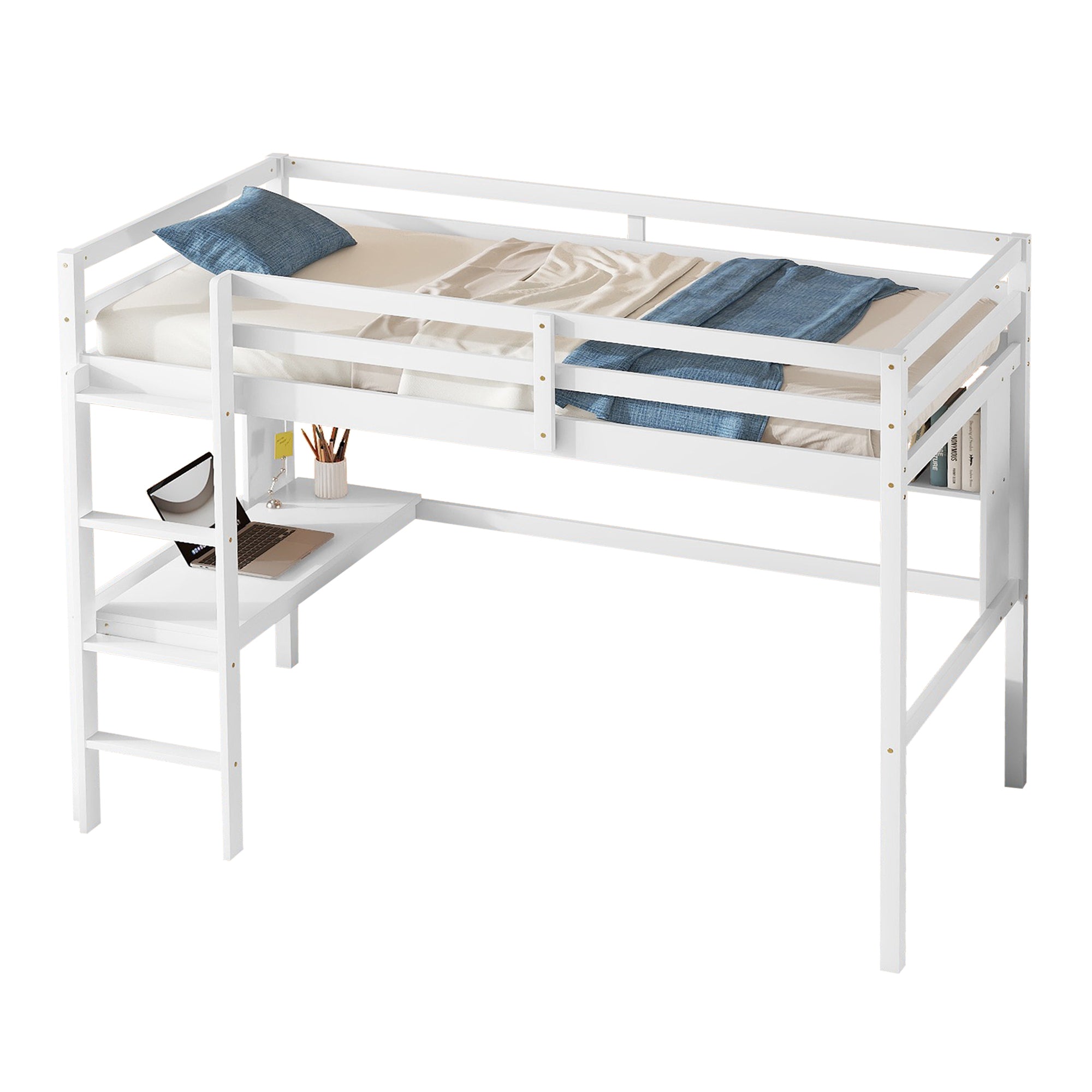 Twin Size Loft Bed For Kids with Desk, Shelves, Safety Guardrail & Ladder