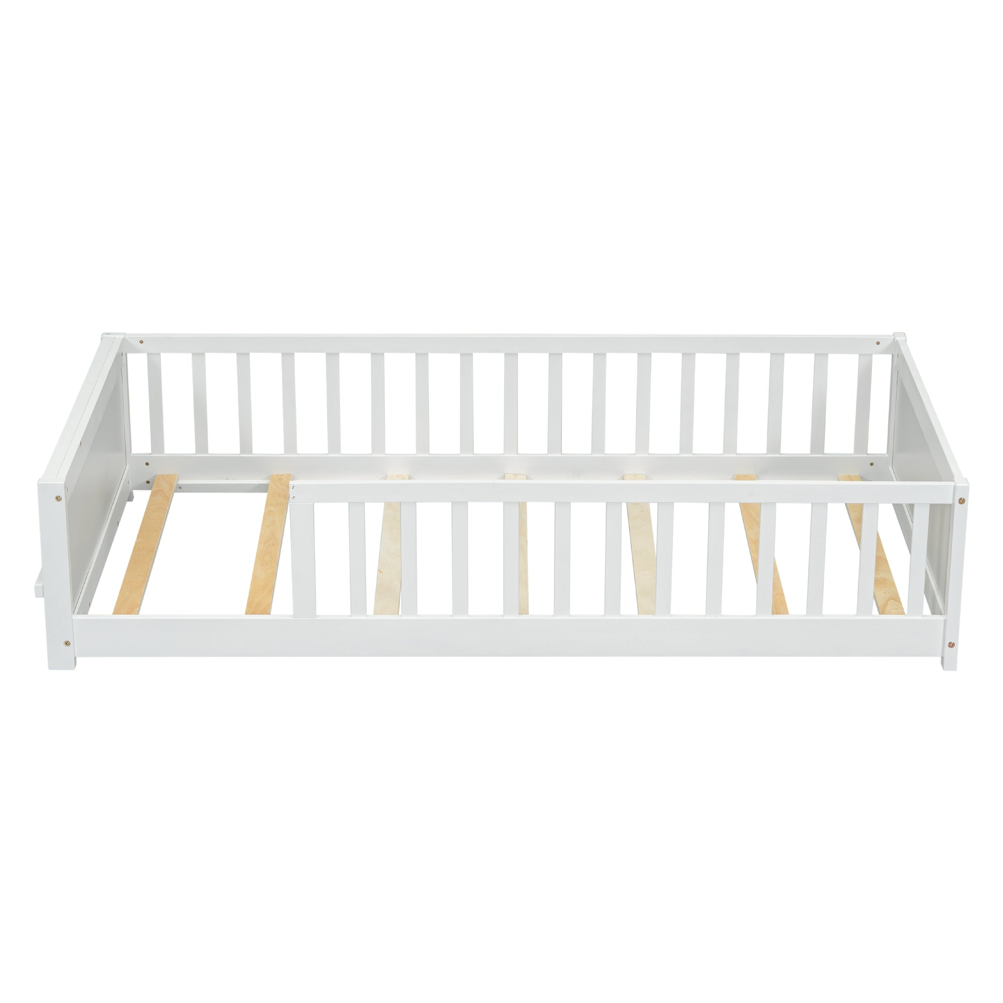 White Twin Toddler Floor Platform Bed with Built-in Book Storage Rack