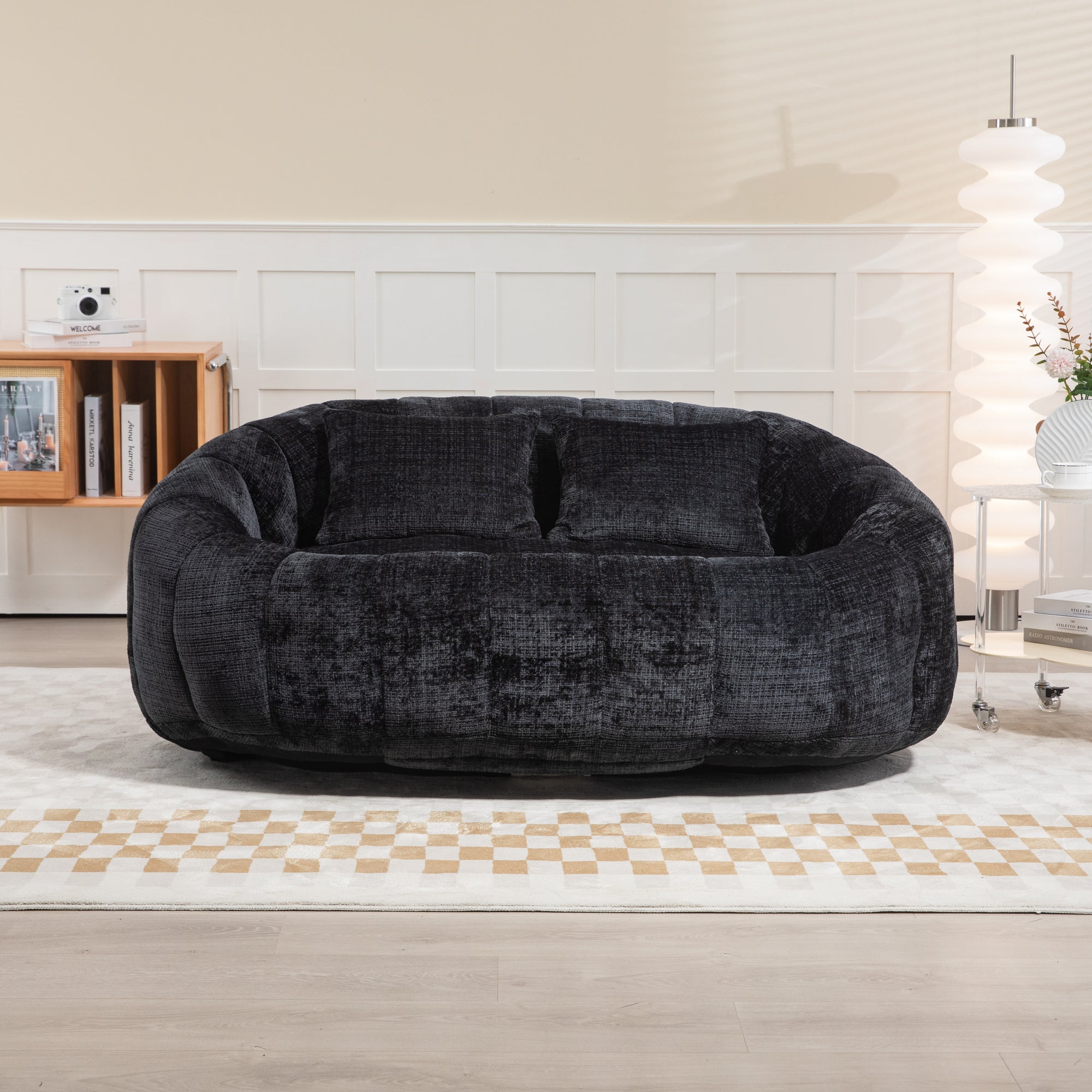 Comfortable High-Back Bean Bag Sofa in Black Chenille