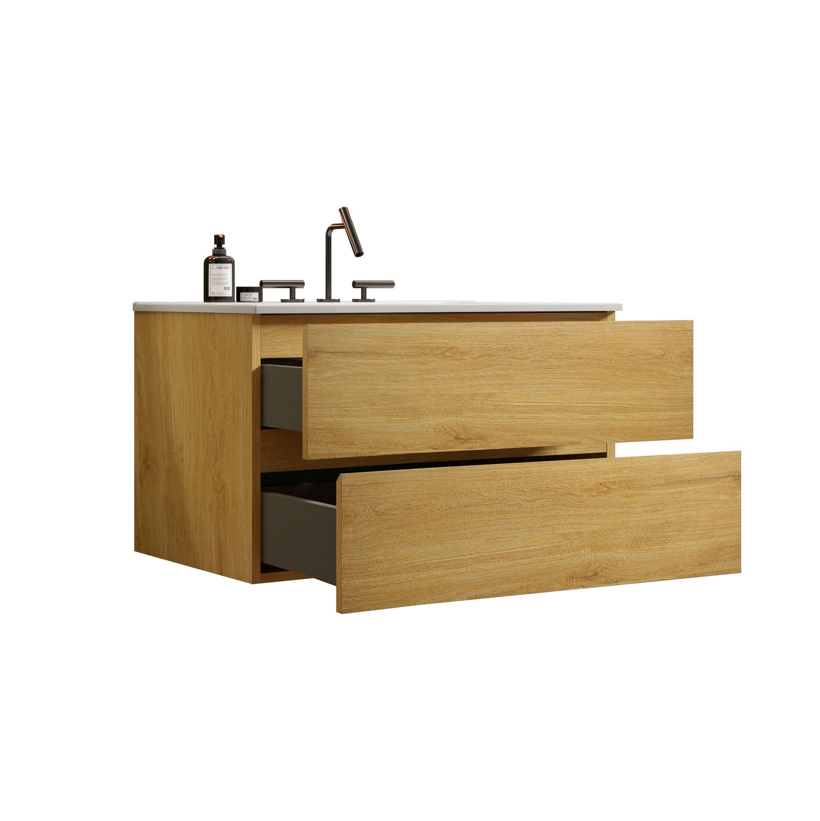 Wall Mount Natural Oak Bathroom Vanity with Ceramic Sink and Three Faucet Holes In Natural Oak