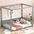 Full Size Canopy Frame Floor Bed with Fence and Guardrails in Gray