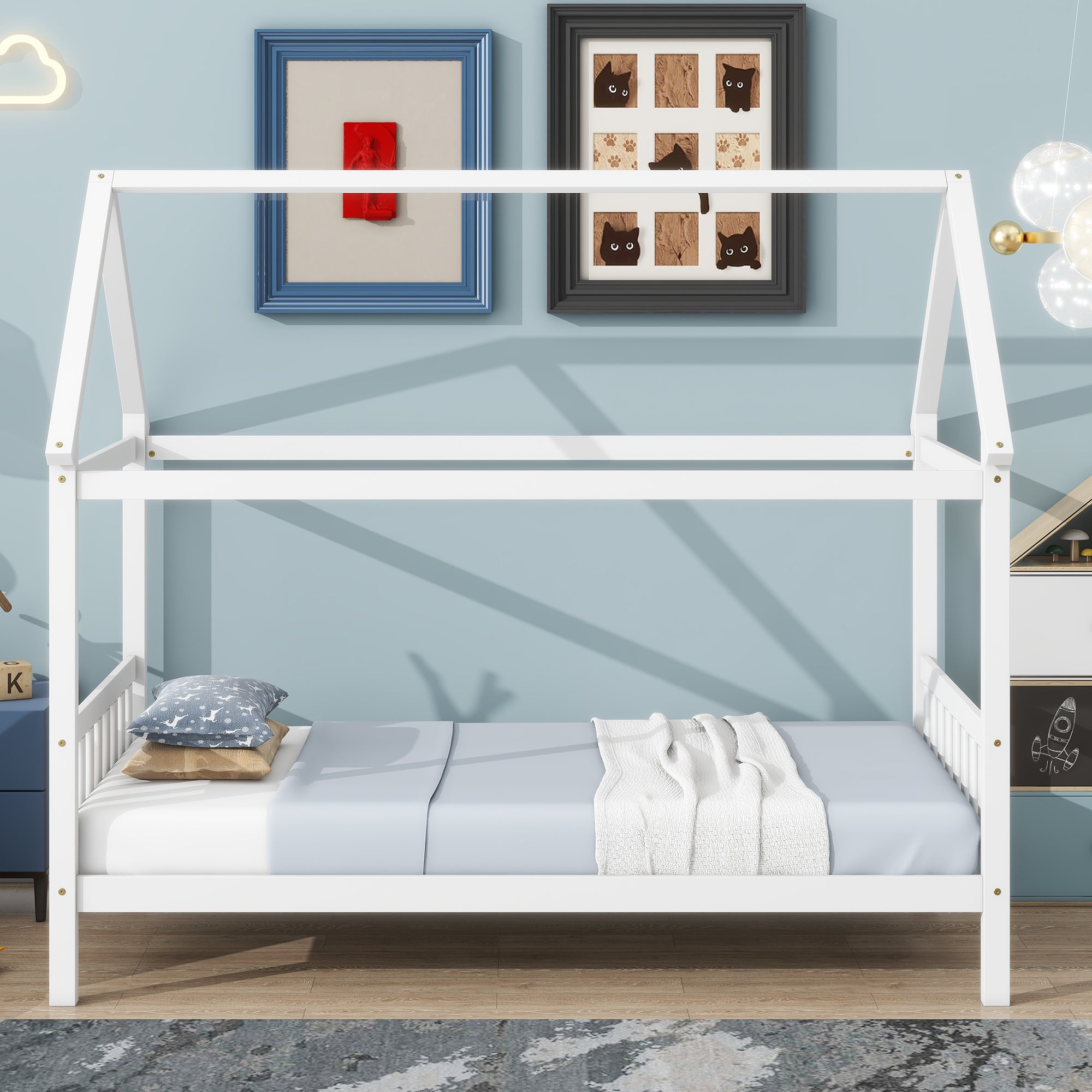 White Twin House Bed with Headboard and Footboard