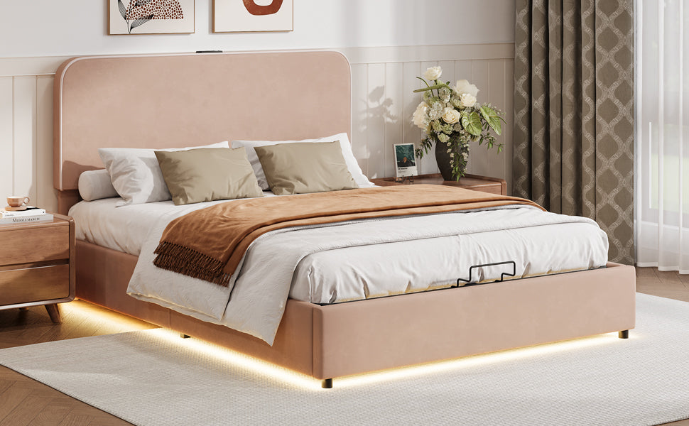 Full Size Bed with Hydraulic Storage, LED Lighting & Built-in Bluetooth Speaker