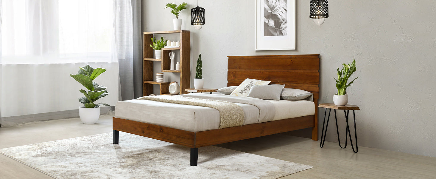 Queen Size Mid-Century Modern Solid Pinewood Bed Frame