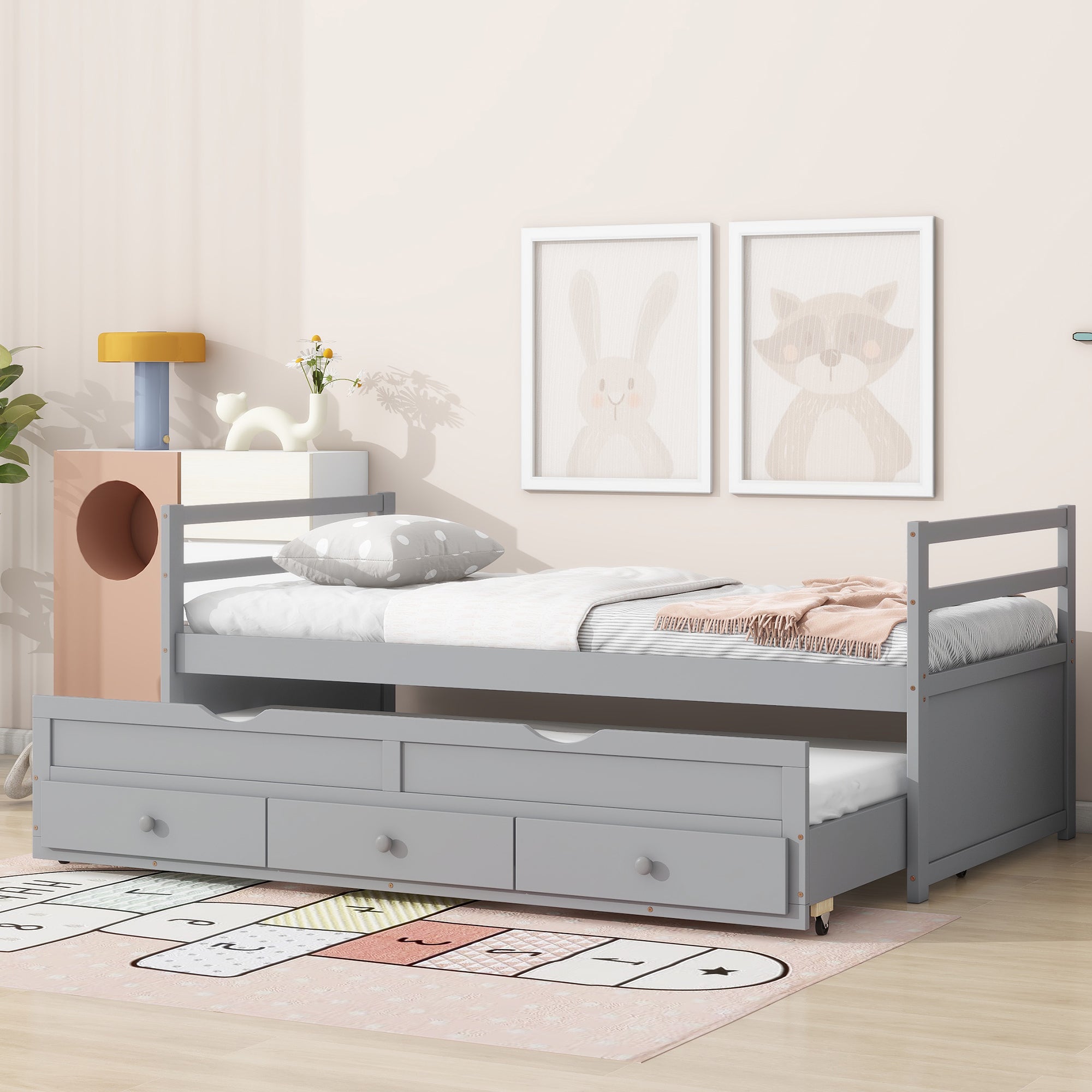 Gray Twin Size Bed with Headboard, Footboard, Trundle, and Three Storage Drawers