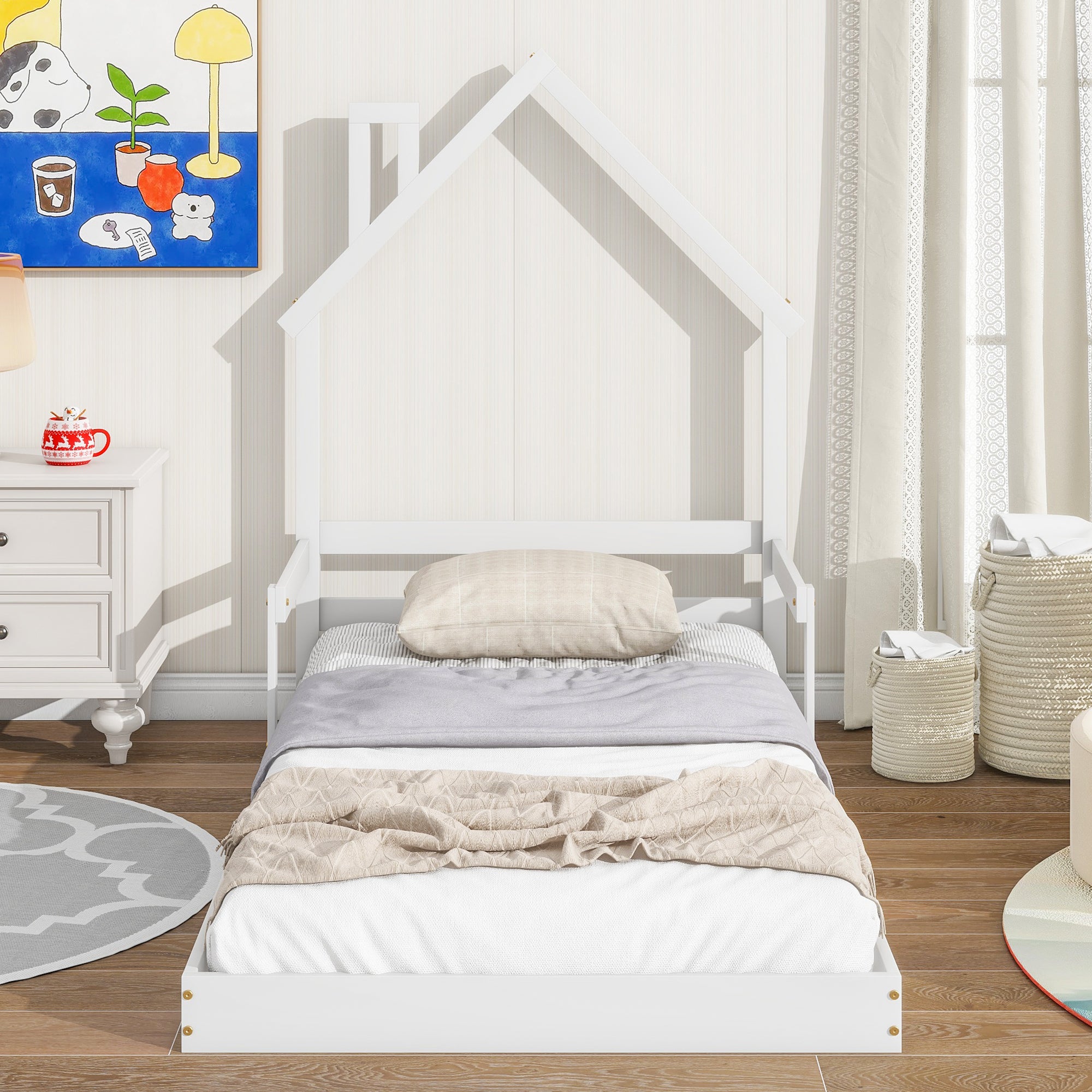 White Twin House-Shaped Headboard Toddler Floor Bed with Handrails