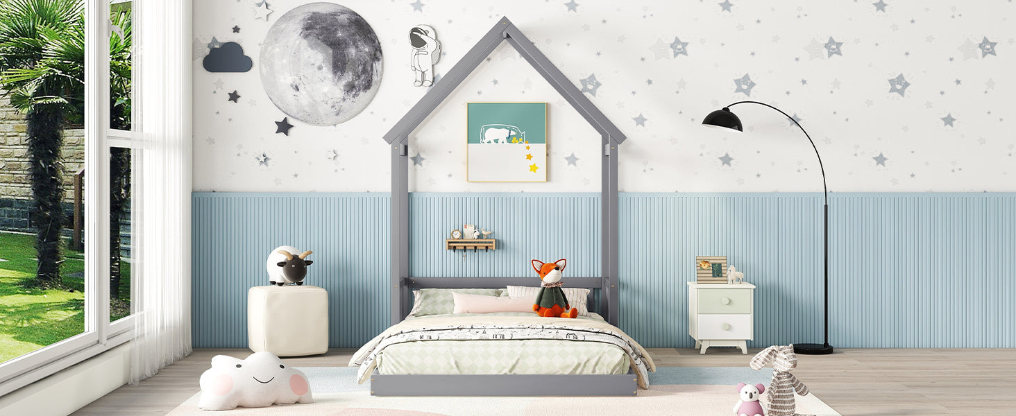 Gray Full Roof-Framed Headboard Toddler Floor Bed