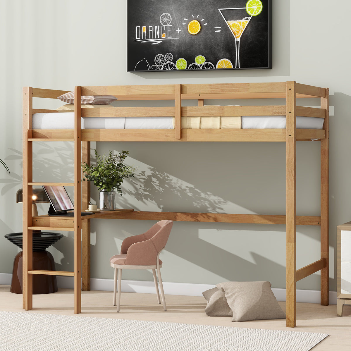 White Oak Twin High Loft Bed with Desk, Rubber Wood Frame