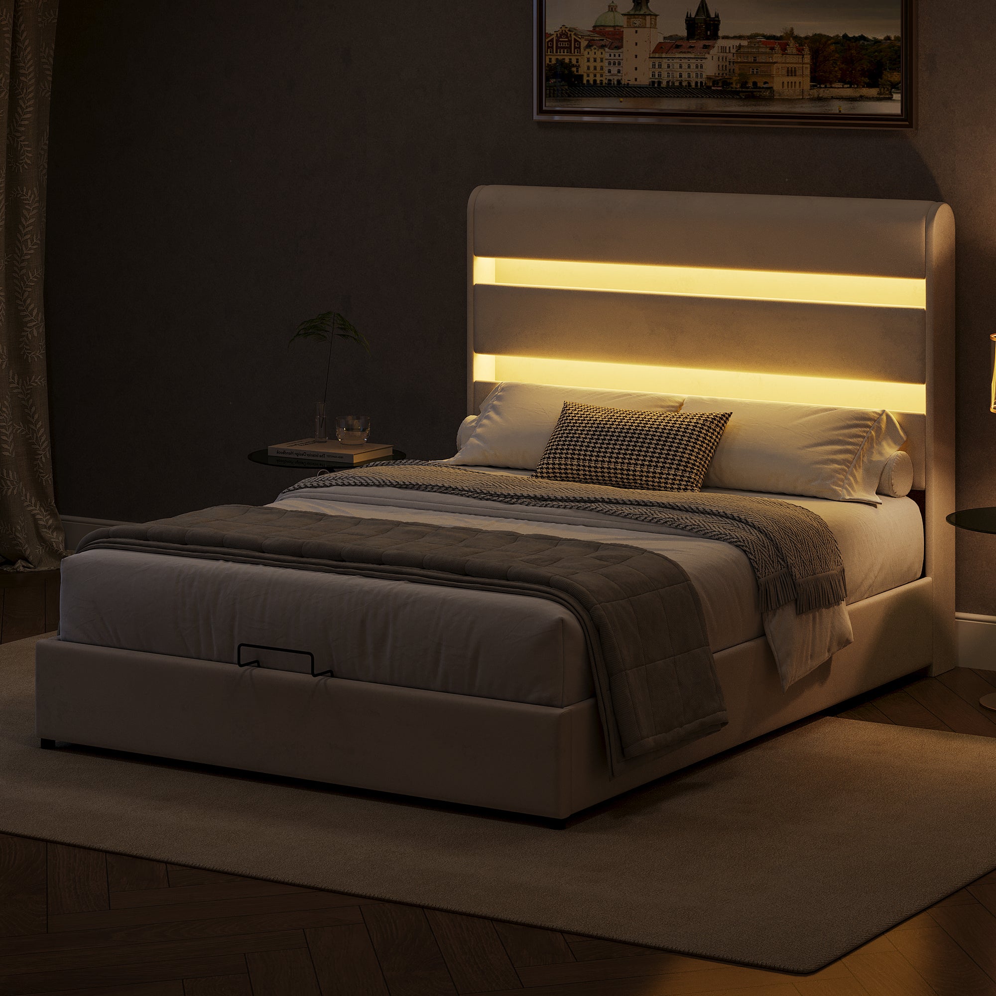 Full Hydraulic Storage Bed with LED Lighting & Beige Velvet Upholstery