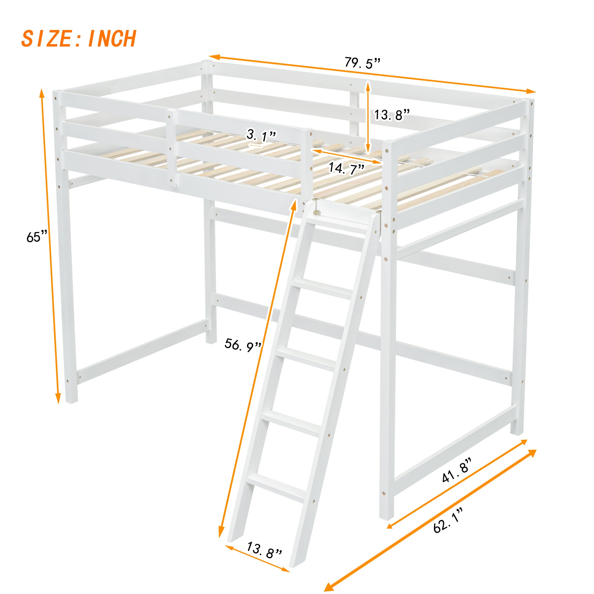 White Twin Size High Loft Bed with Inclined Ladder and Guardrails