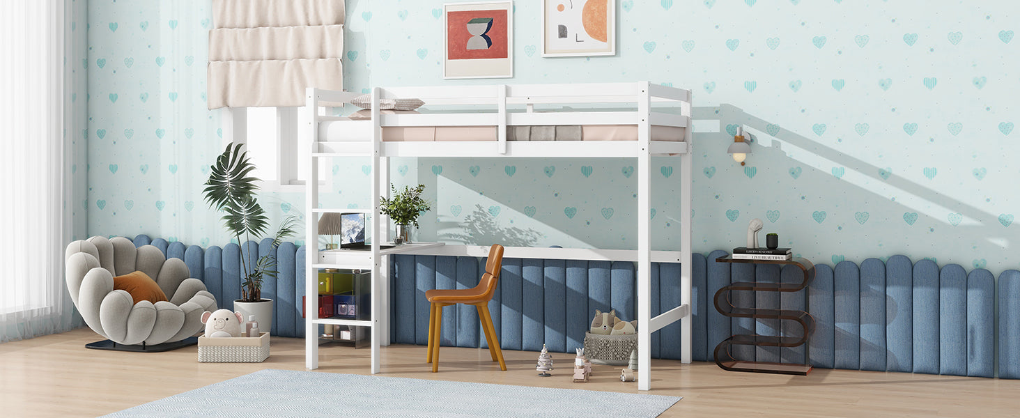 White Twin High Loft Bed For Kids with Built-in Desk in Rubber Wood Construction