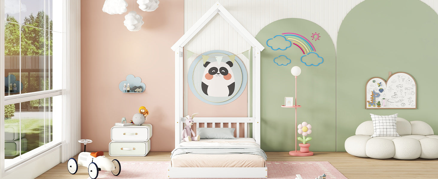 White Twin House-Shaped Roof Headboard Toddler Floor Bed