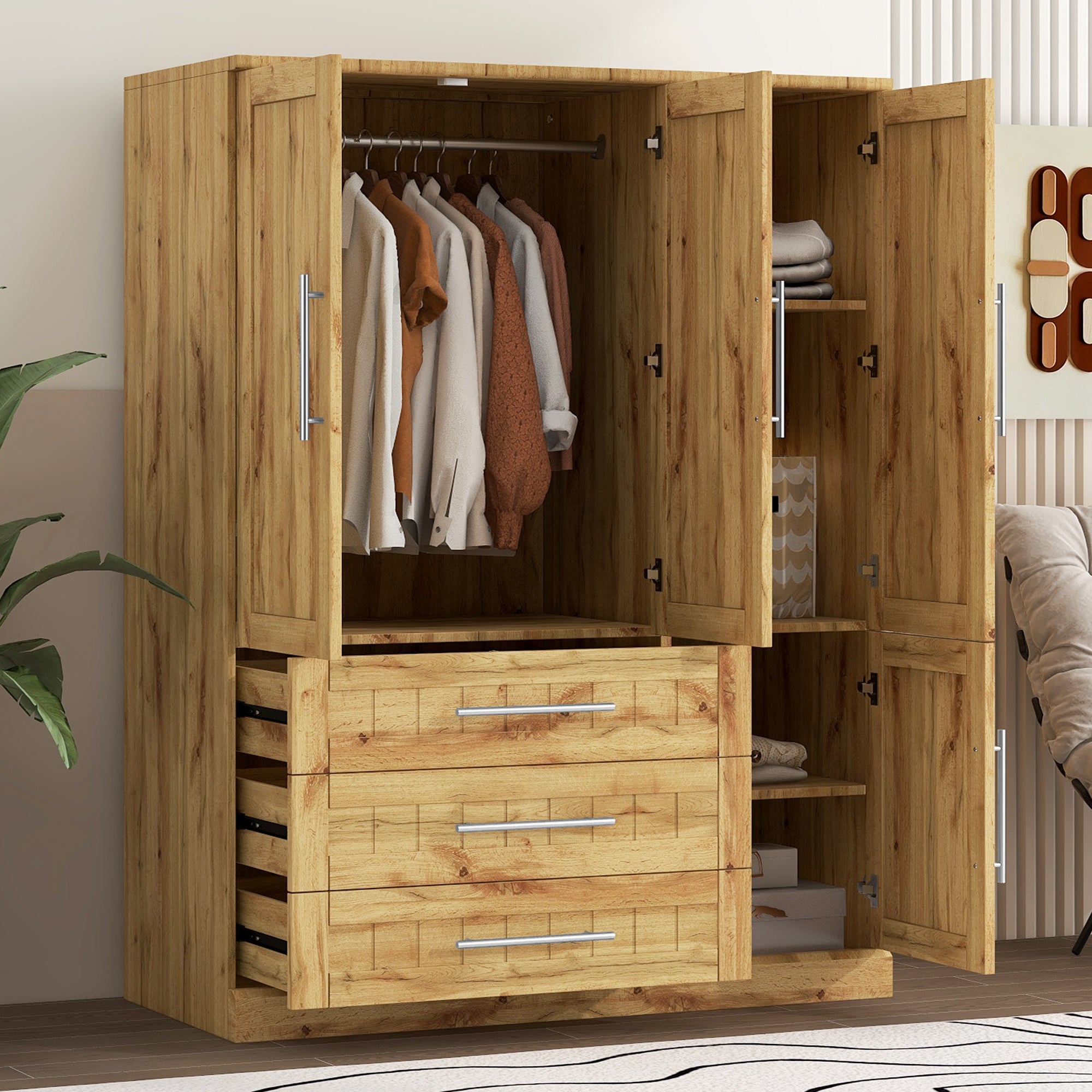 4 Door Wardrobe Armoire Closet with 3 Drawers Solid Wood Storage In Natural