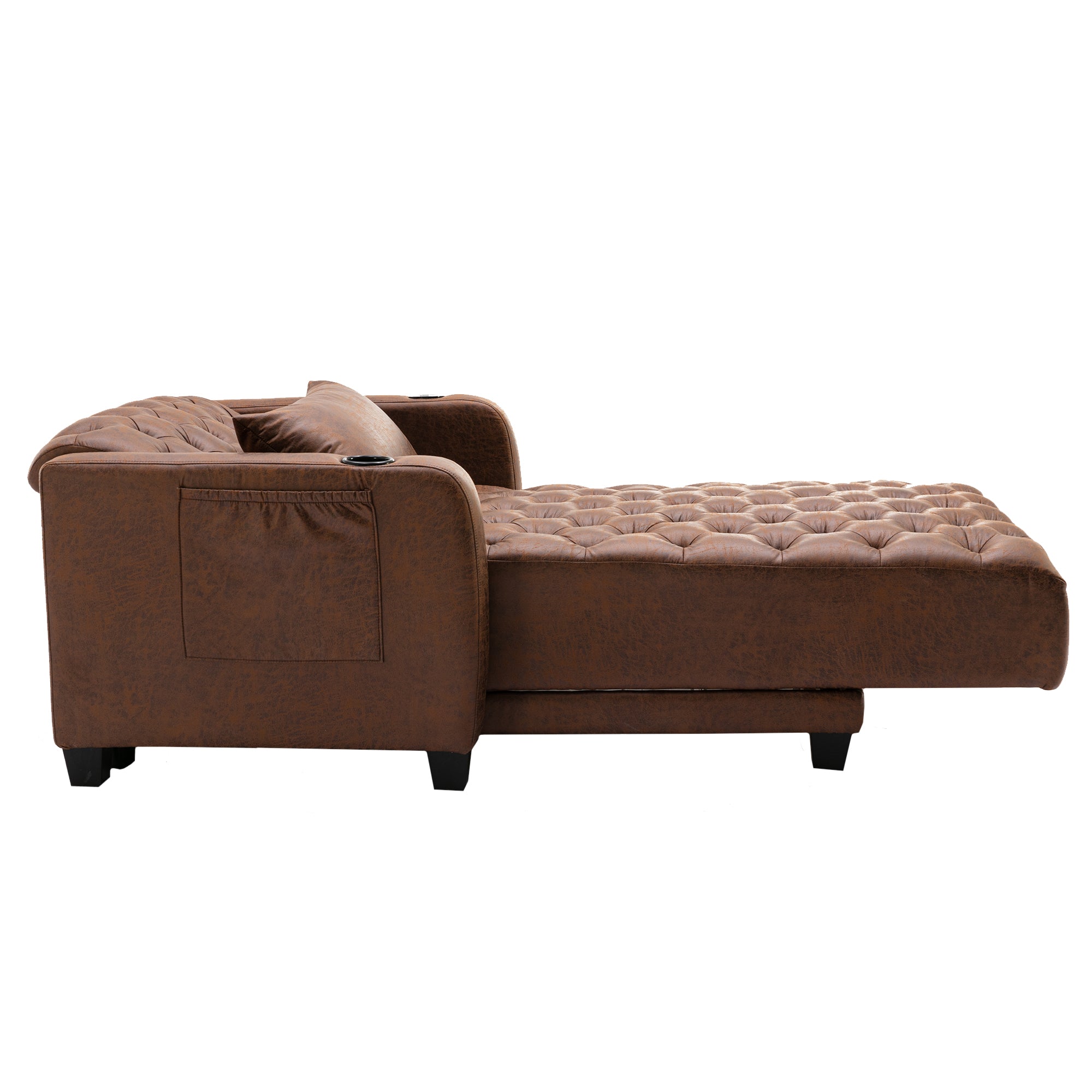 Reclining Tufted Chaise Lounge with Lumbar Pillow and Wireless Phone Charging in Brown