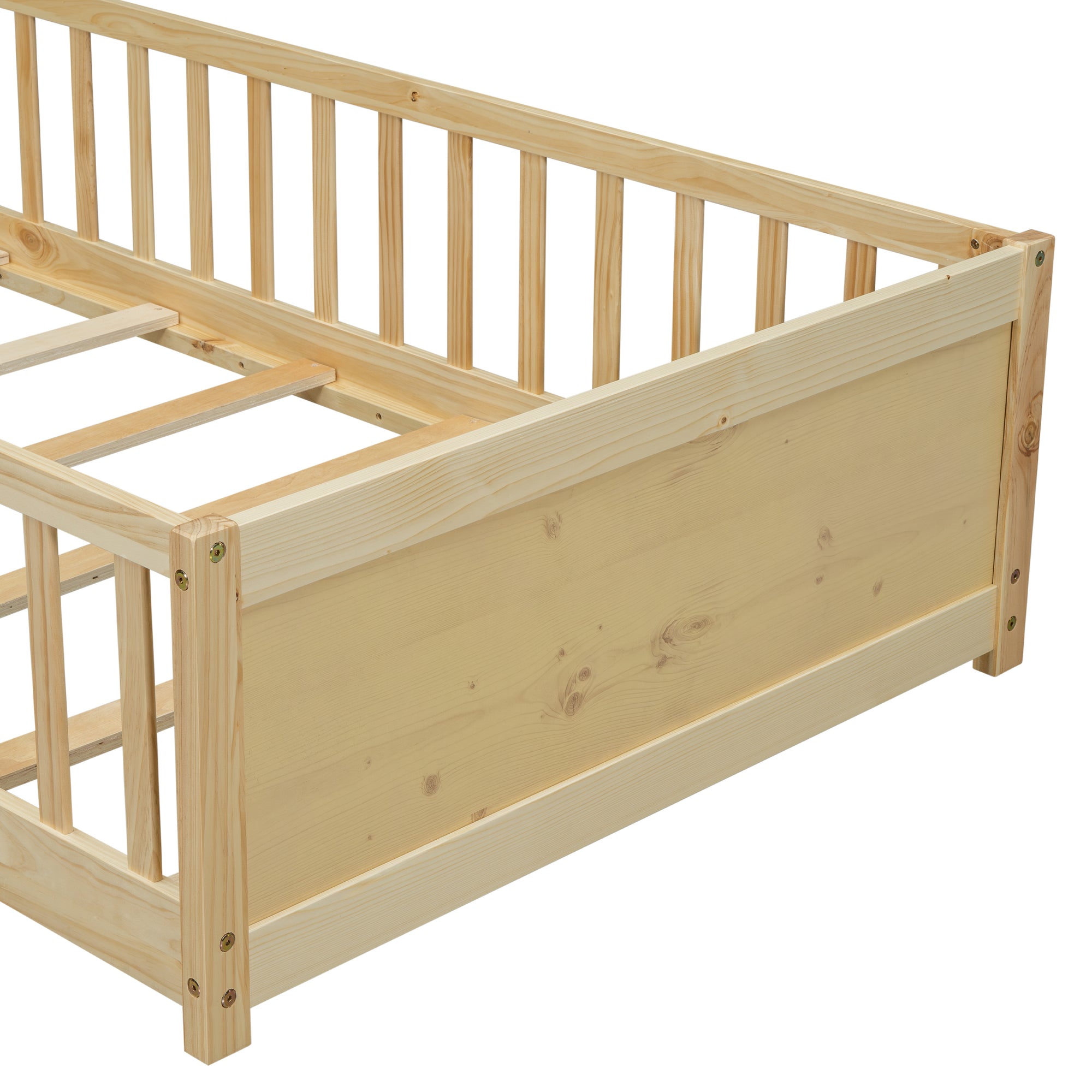 Natural Finish Twin Size Toddler Floor Platform Bed with Built-in Book Storage Rack and Door