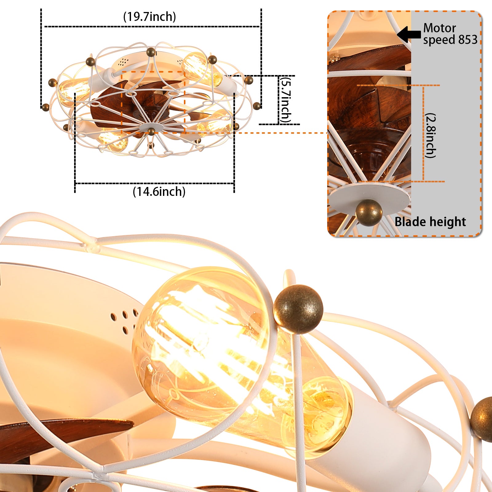 Aestin's White Low Profile Caged Ceiling Fan with Lights and Remote Control