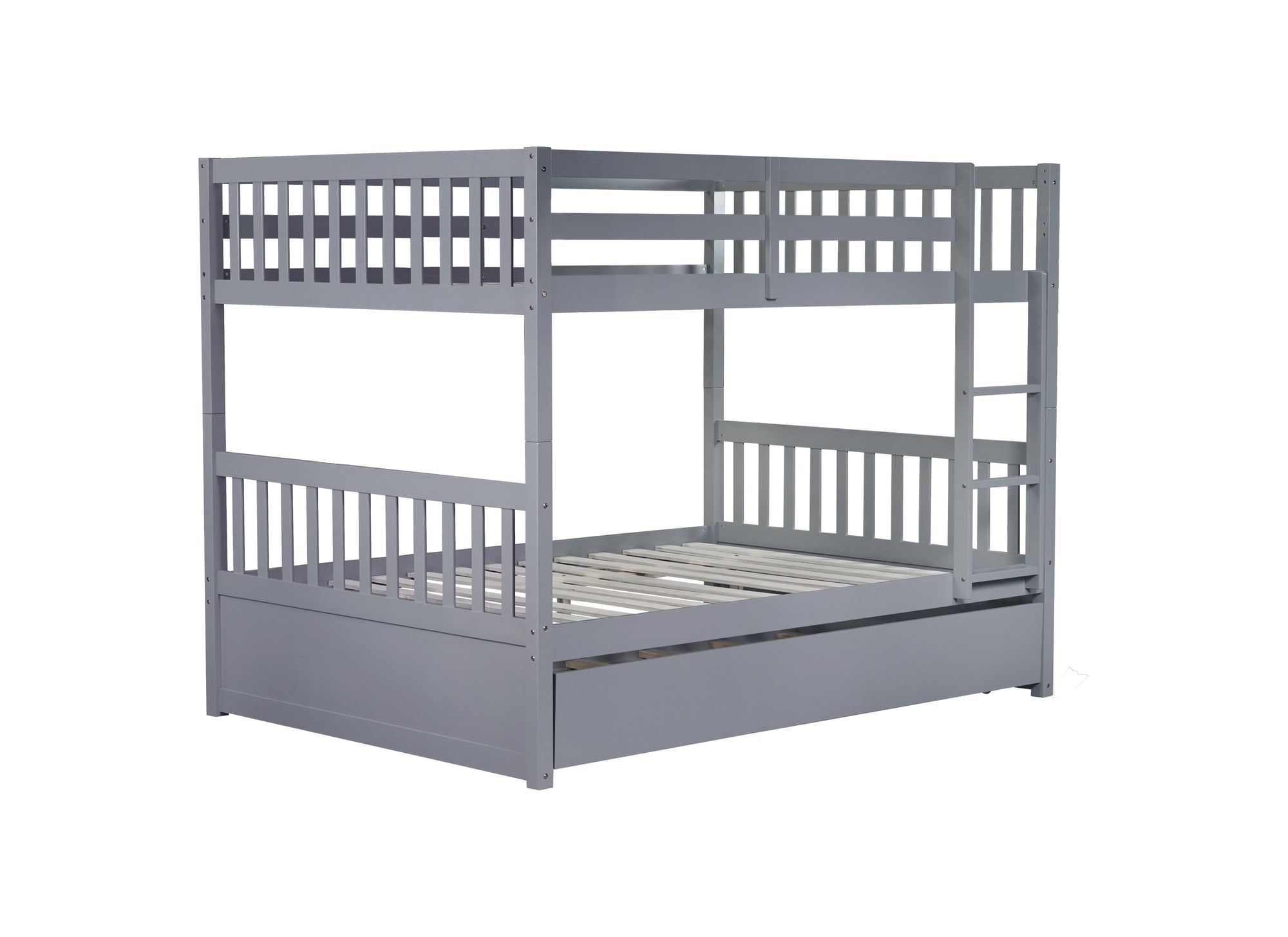 Gray Full Over Full Rubber Wood Bunk Bed with Trundle, Ladder, and Guardrails