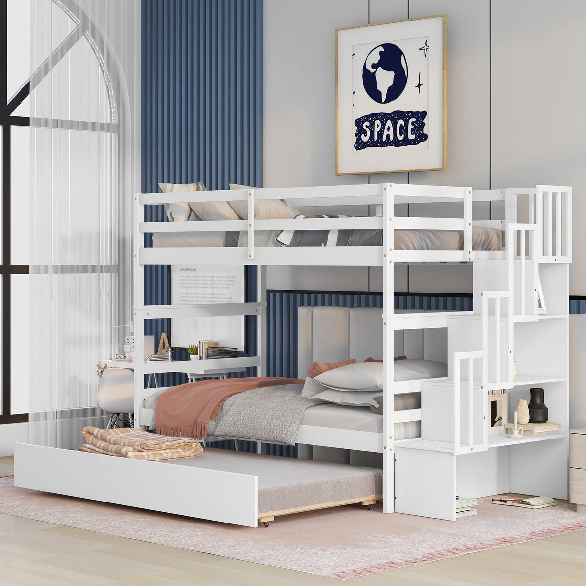 Twin Over Twin Bunk Bed With Twin Trundle &amp; Stairway In White Solid Wood