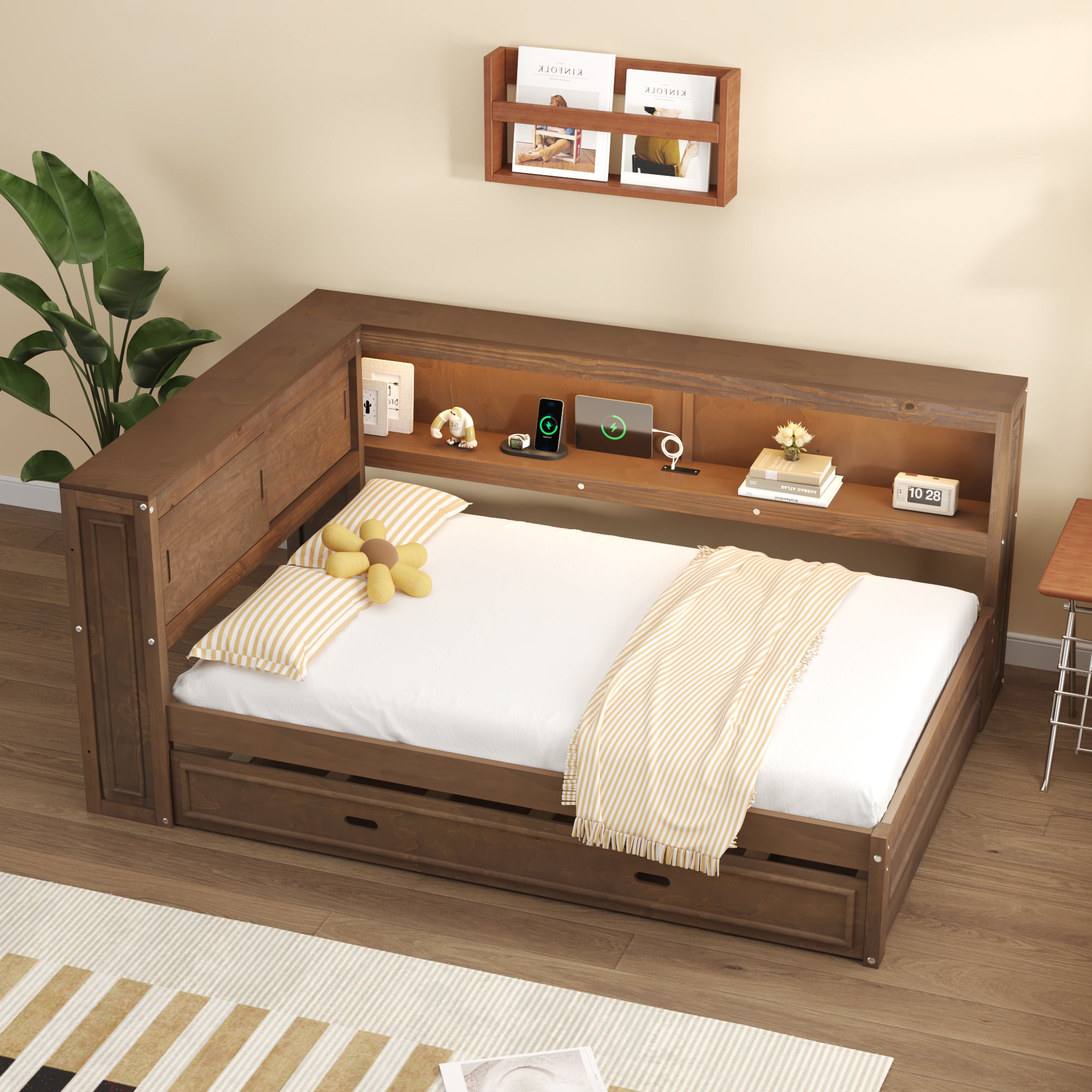 Full Size Wood Daybed with USB Charging, LED Lights, Trundle, Storage Shelves In Antique Wood Color