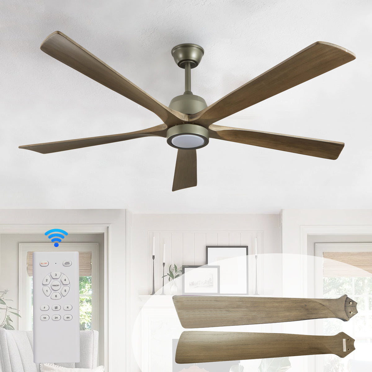 60-Inch Noiseless Wood Ceiling Fan with Dimmable LED Light