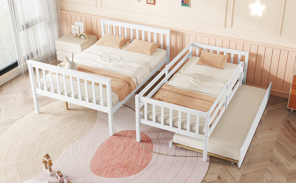 White Twin Over Full Rubber Wood Bunk Bed with Trundle, Detachable Ladder, and Guardrails