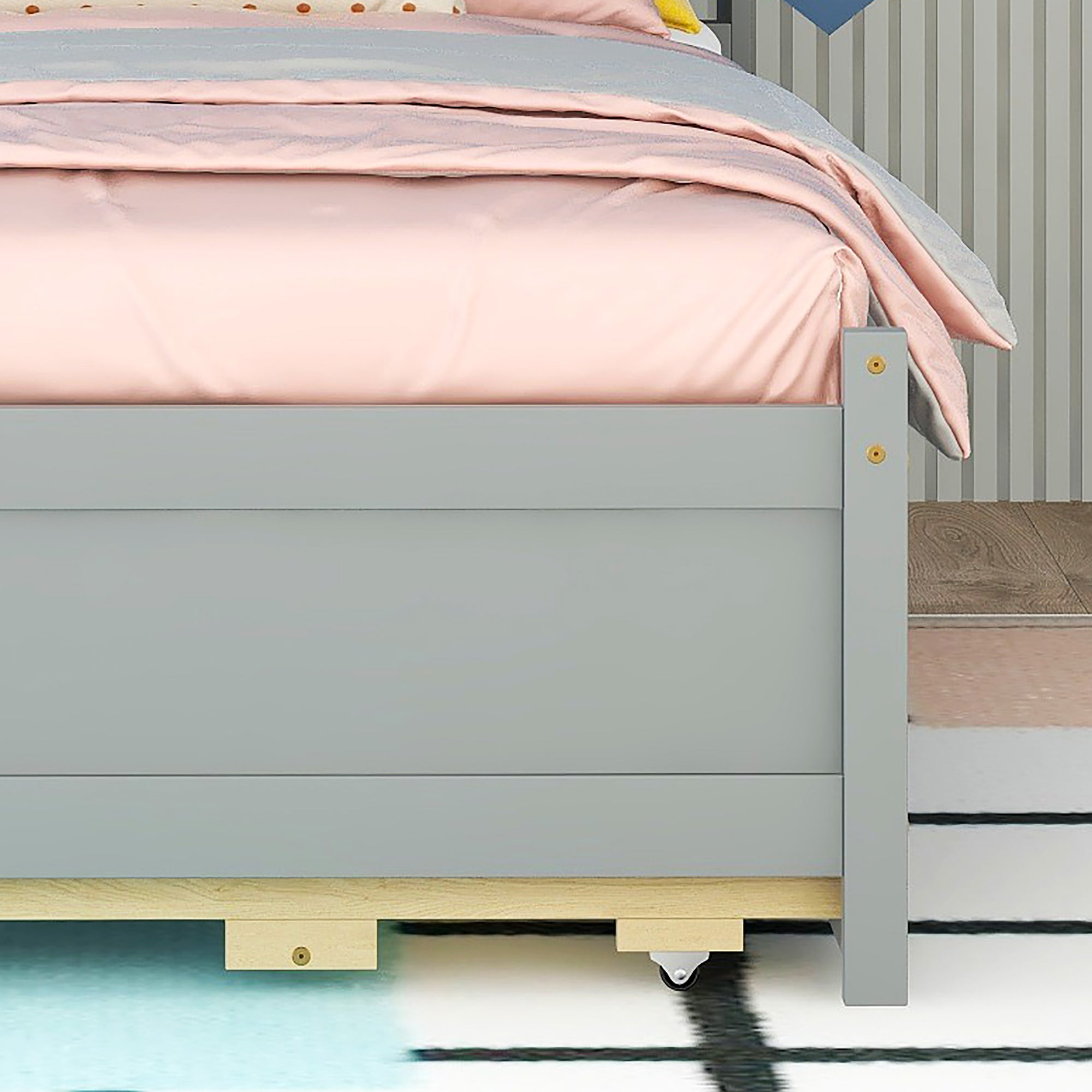 Gray Twin Bed with Bookcase Headboard, USB & Type-C Ports, LED Light, Trundle, and Drawers