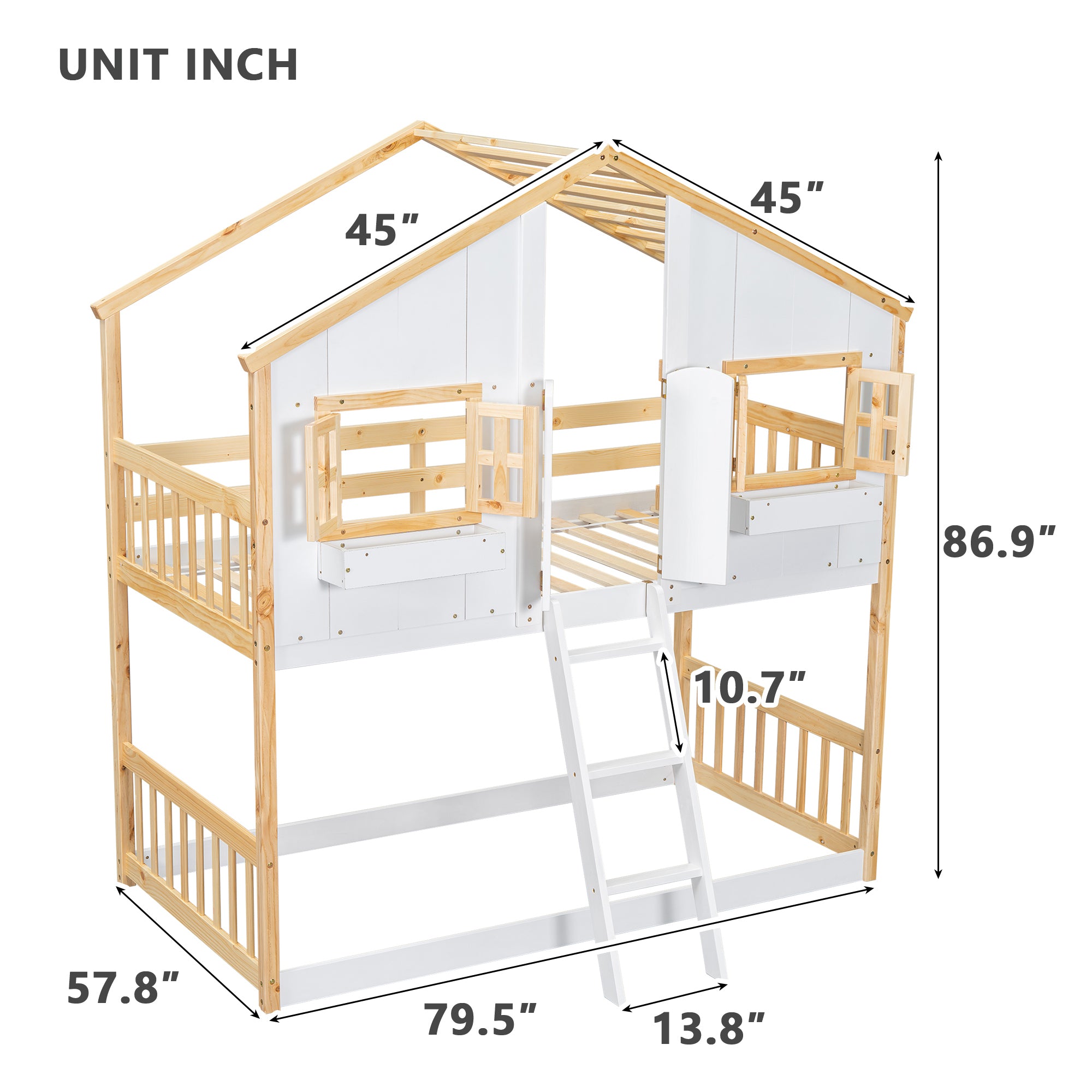 Twin Over Twin House Bunk Bed with Roof, Window, and Door in Natural and White Tones