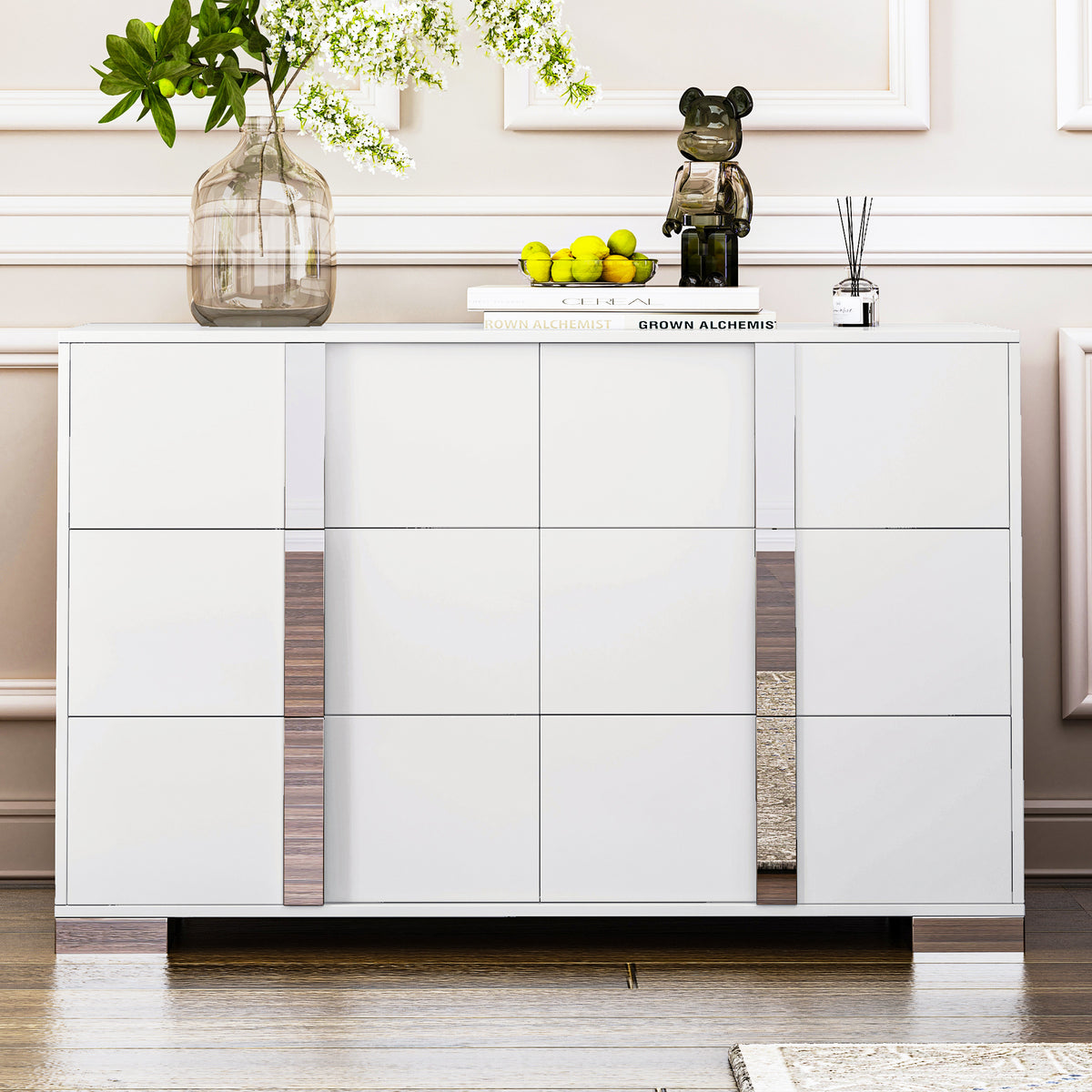 Elegant Modern Dresser with Metal Handle Mirrored Storage Cabinet with 6 Drawers for Bedroom Living Room In White