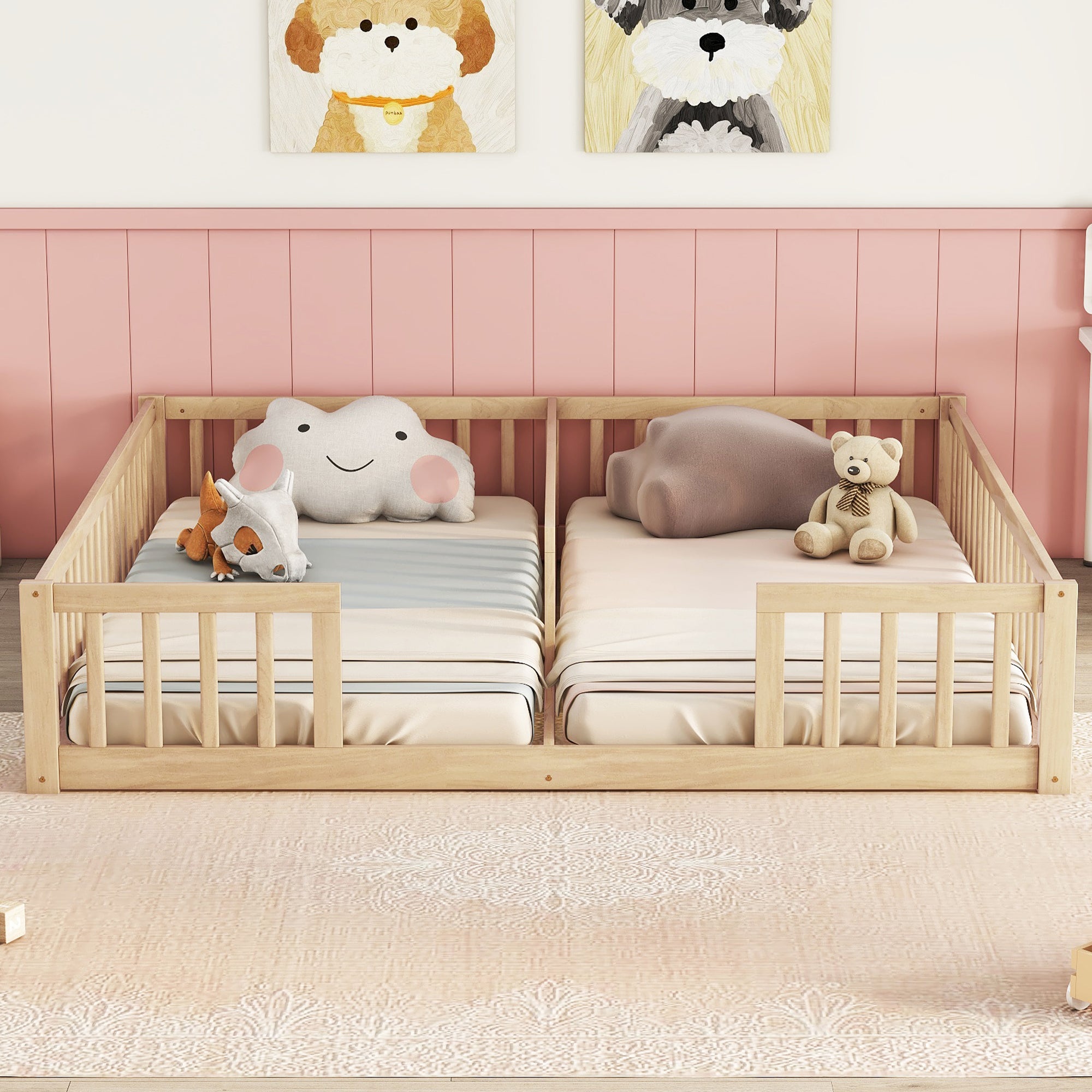 Double Twin Toddler Floor Bed with Fence and Guardrails in Natural Tones