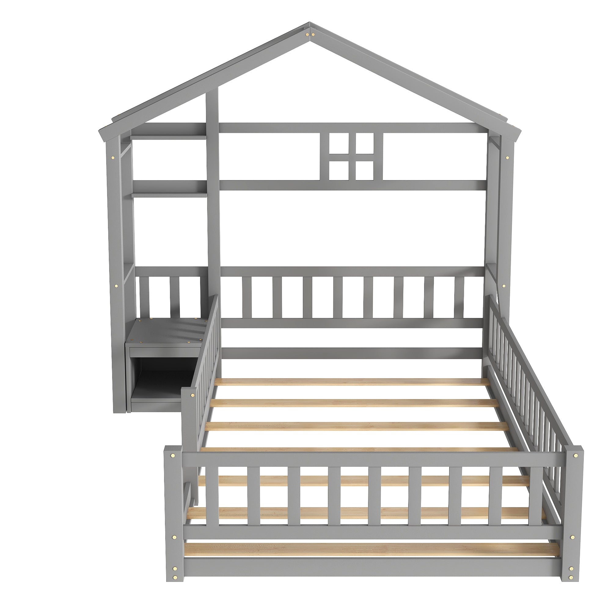 Gray Twin Size House-Style Headboard Toddler Floor Bed with Guardrails and Stand