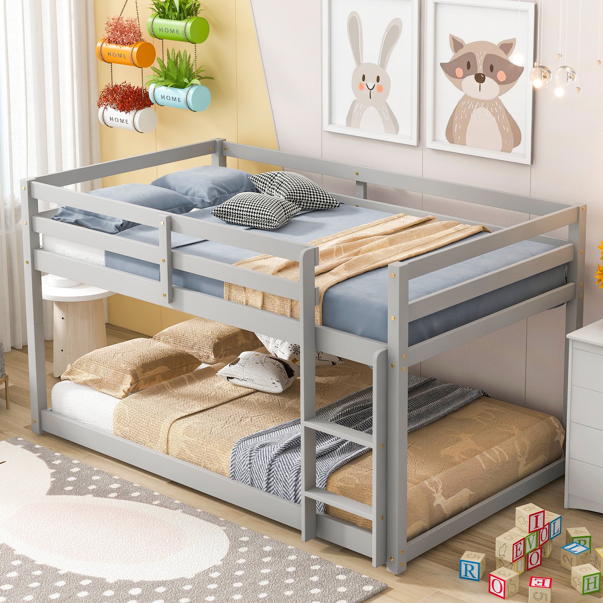 Gray Twin Over Twin Floor Bunk Bed With Low Height Design