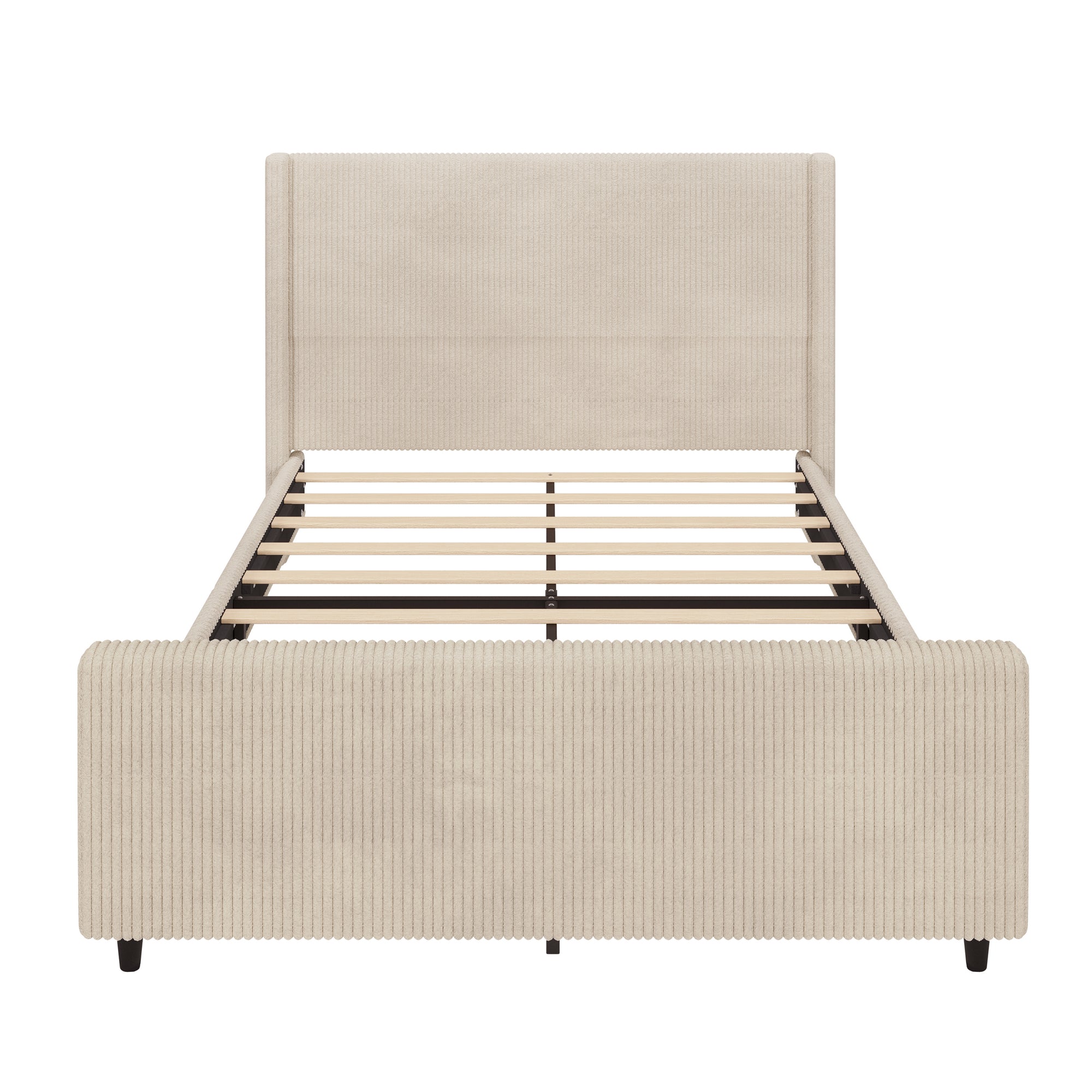 Modern Queen Size Cream Corduroy Upholstered Platform Bed Frame With High Headboard