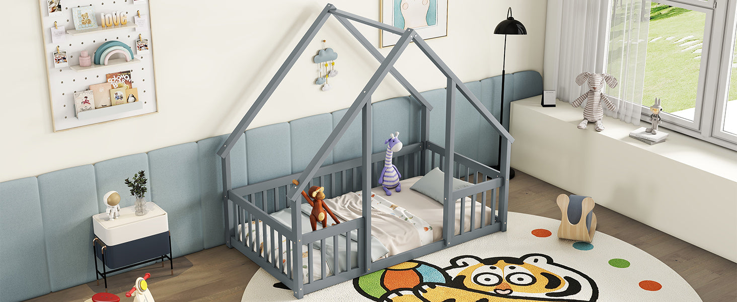 Twin Wood House-Shaped Toddler Floor Bed with Fence & Guardrails in Gray