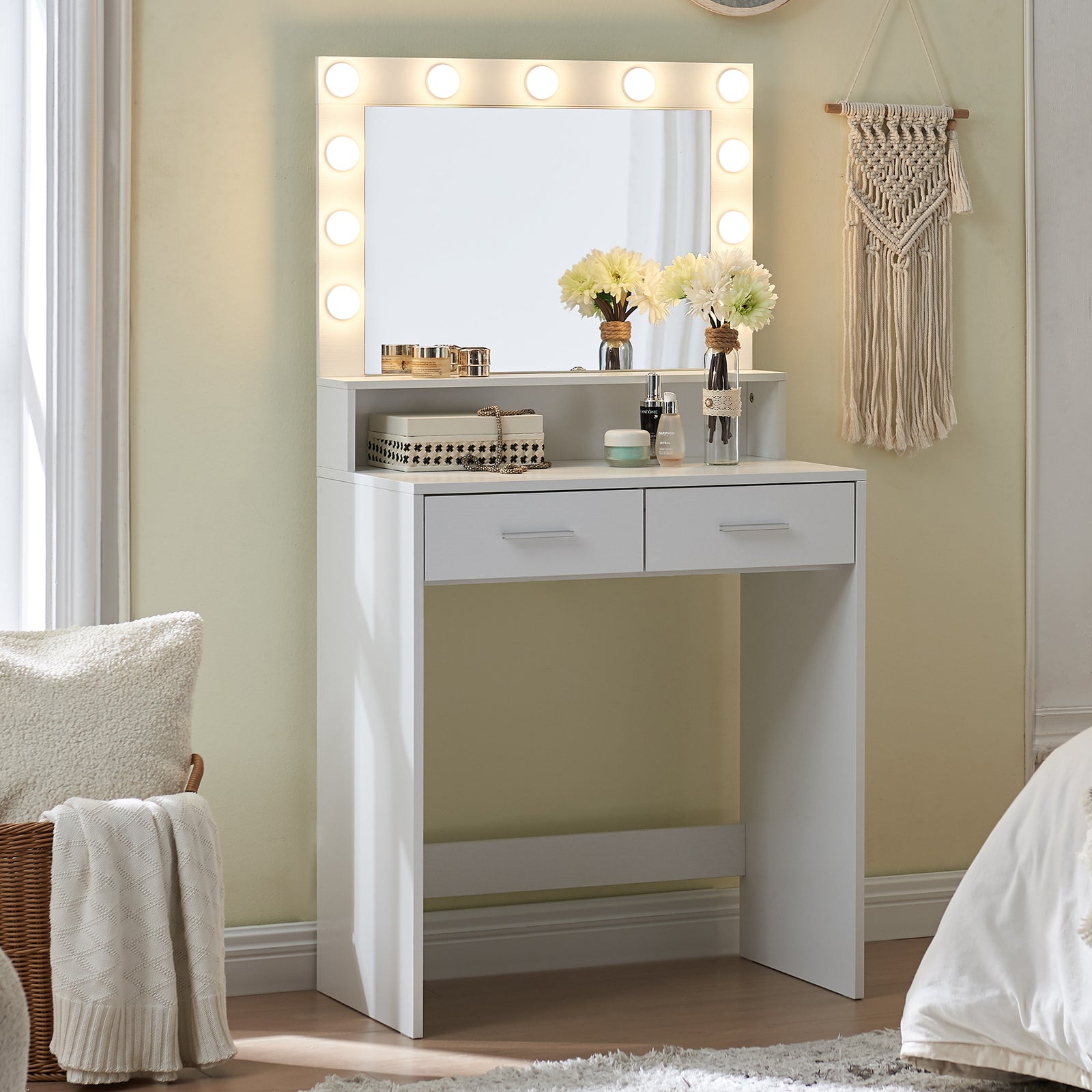 THE FURNITURE CO. Vanity Default Vanity Desk with Mirror and Lights, Large Drawer, 3 Brightness Modes for Easy Storage In White