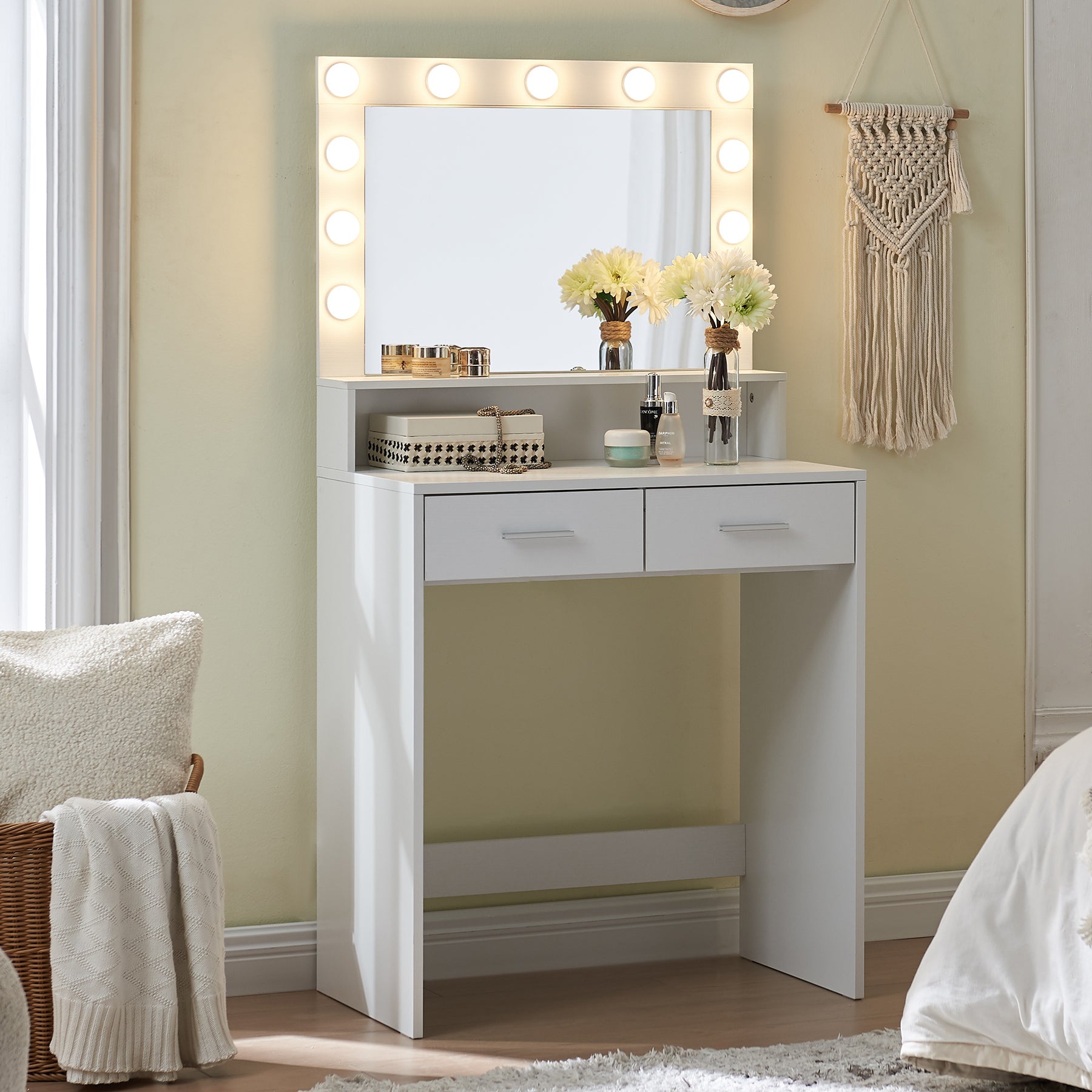 Vanity Desk with Mirror and Lights, Large Drawer, 3 Brightness Modes for Easy Storage In White