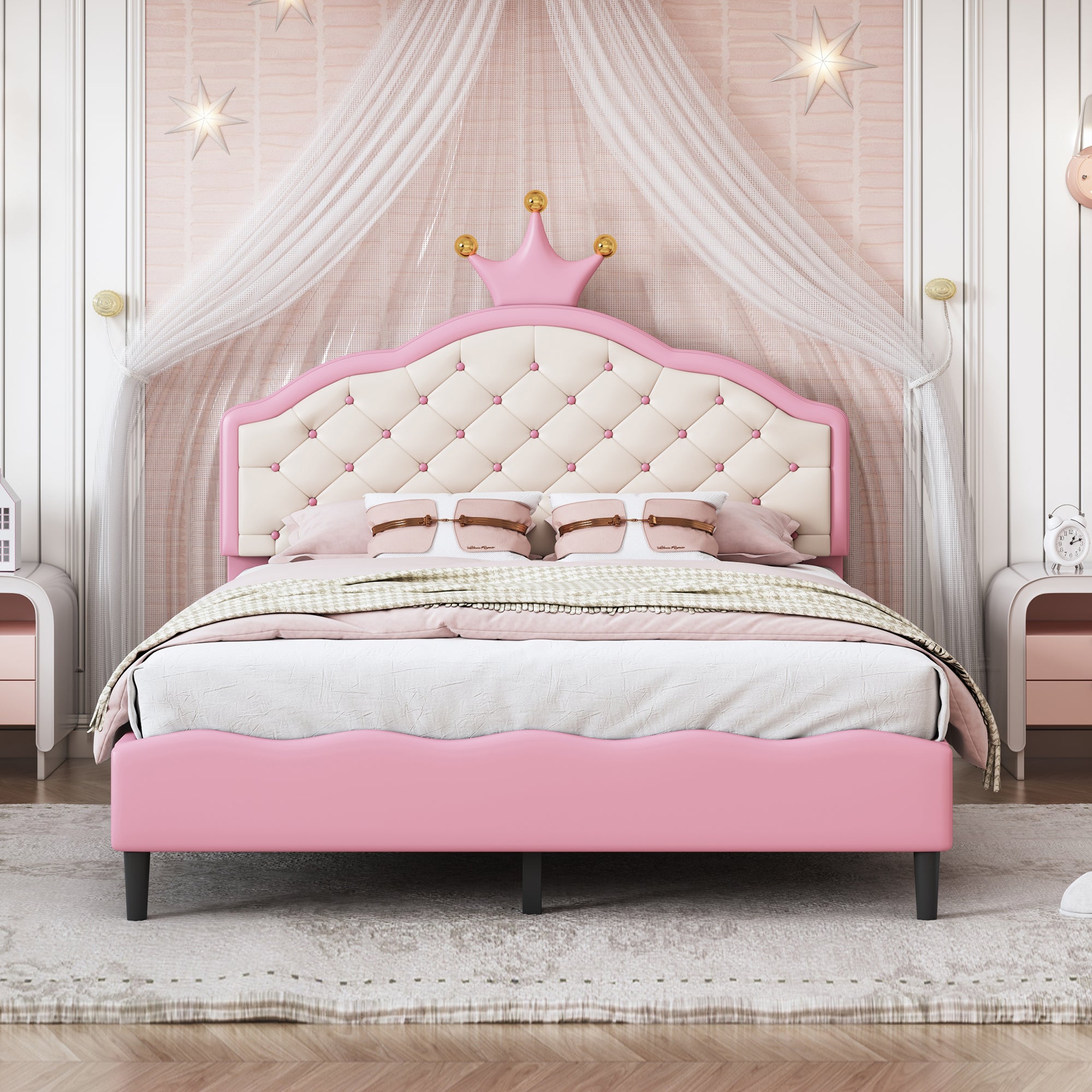 Full Size Lovely Crown Fantasy PU Leather Princess Bed with Tufted Headboard In Pink Cream