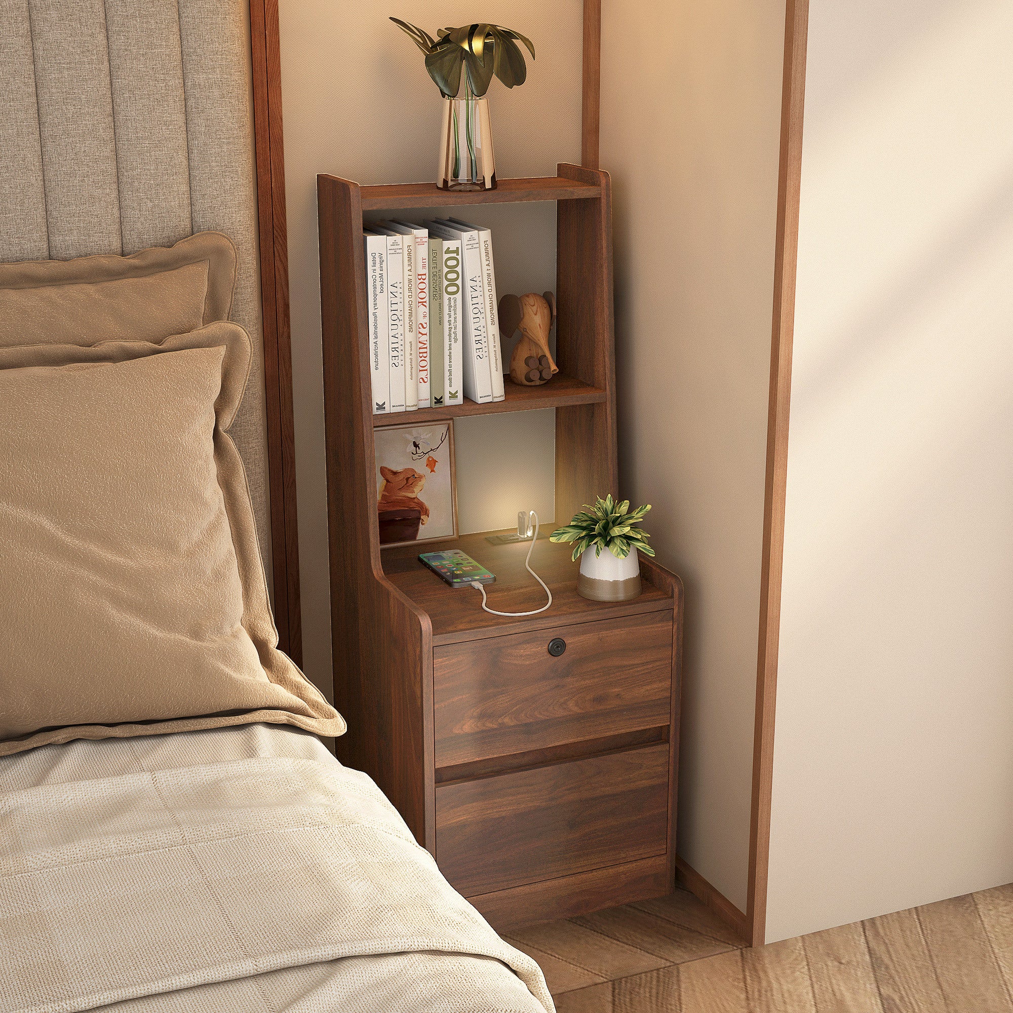 Smart Nightstand with Charging Station and Night Light In Wood