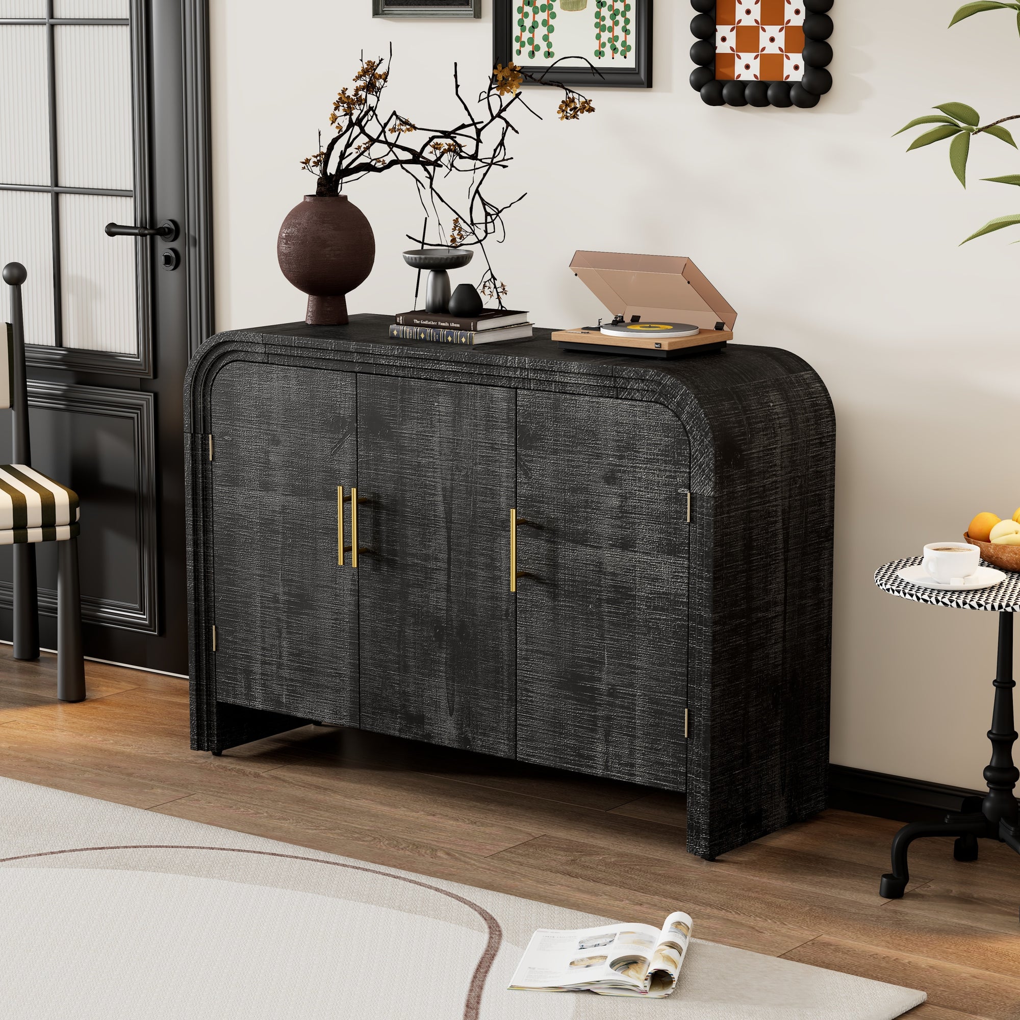 Retro Minimalist Curved Sideboard with Gold Handles and Adjustable Dividers for Living Room or Dining Room In Antique Black